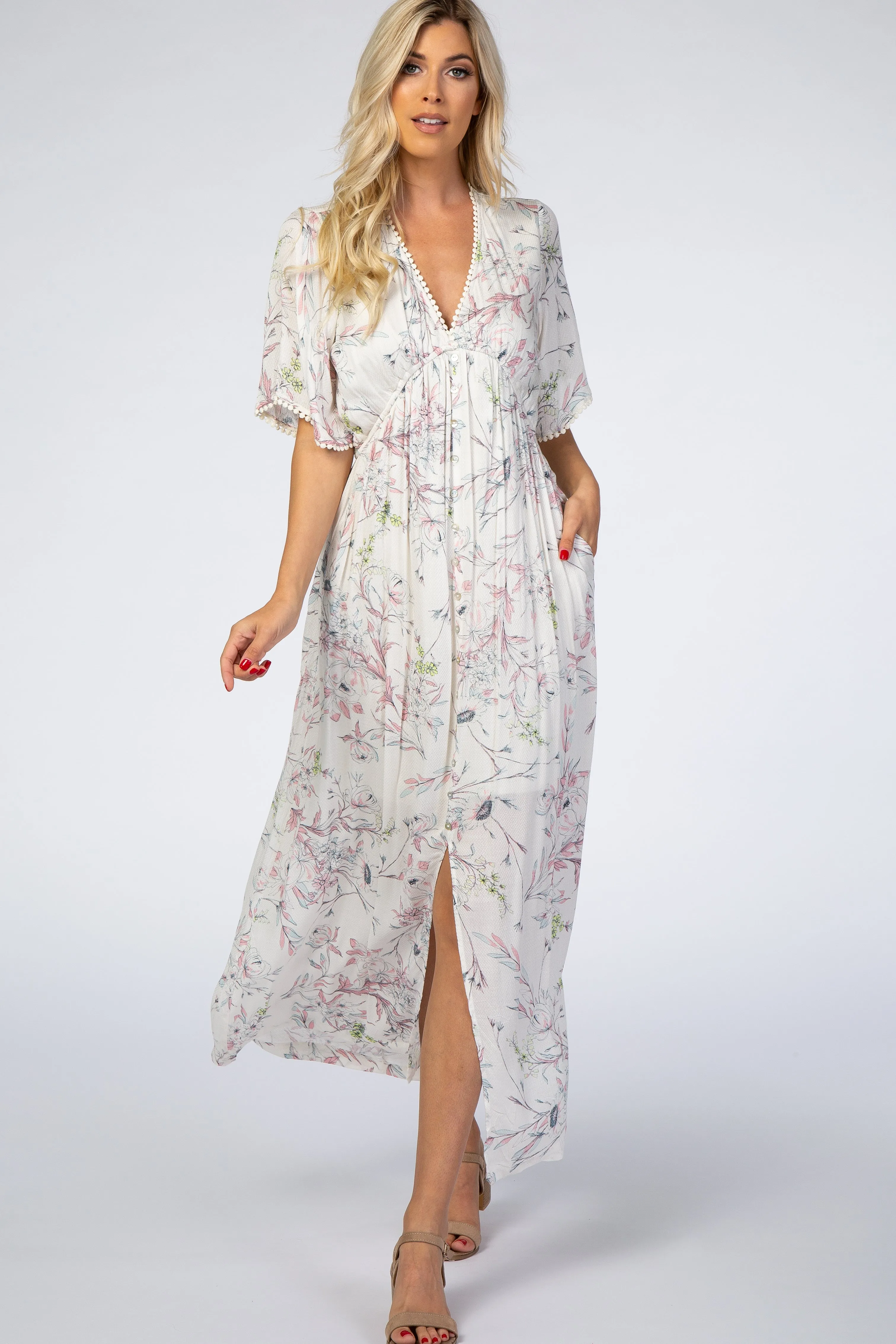 Ivory Floral Button Front Maternity Maxi Dress sold by Pinkblush product image thumbnail 5