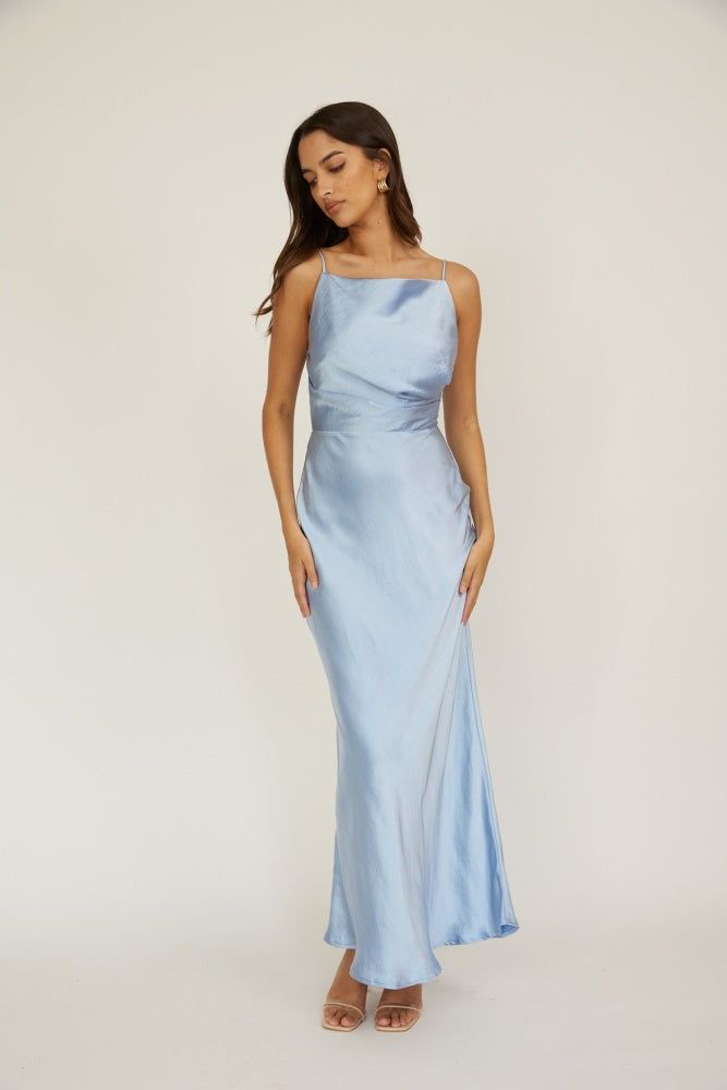 Stone Blue High Front Cover Metallic Maxi Dress sold by Pinkblush