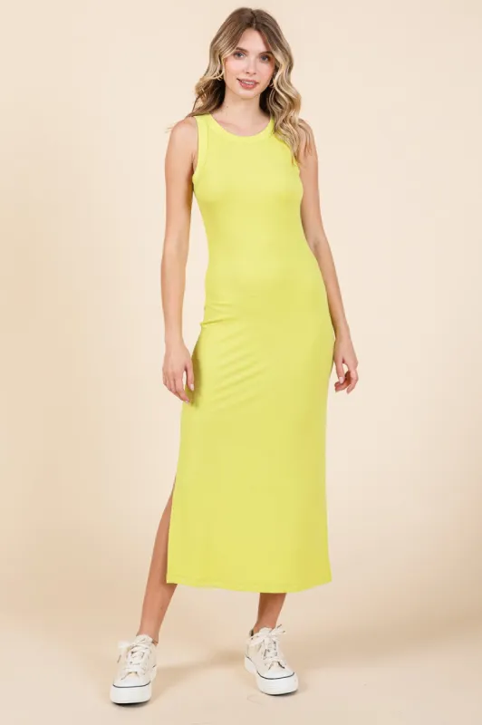 Yellow Ribbed Side Slit Tank Dress sold by Pinkblush