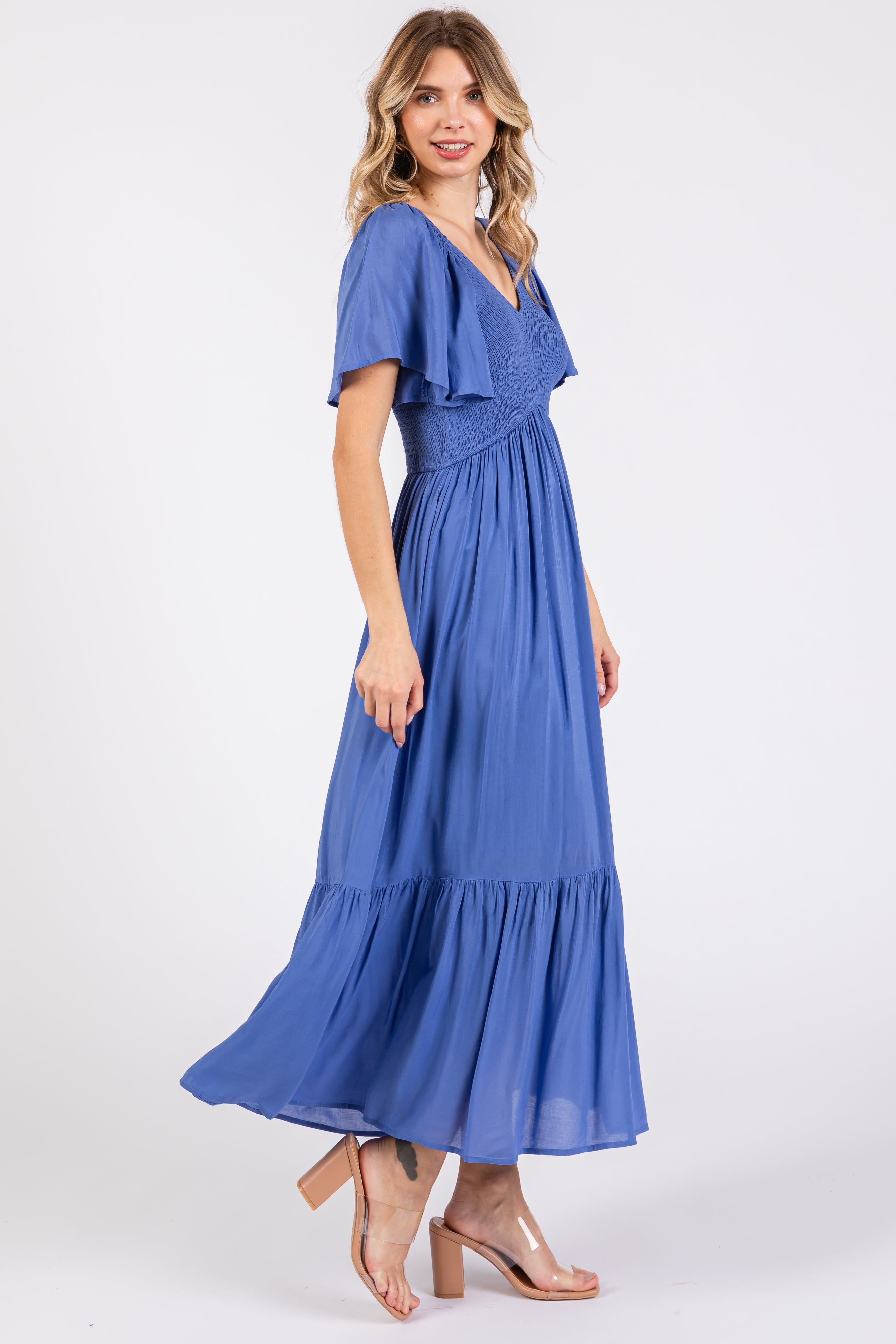 Blue Smocked Flutter Sleeve Midi Dress sold by Pinkblush product image thumbnail 2