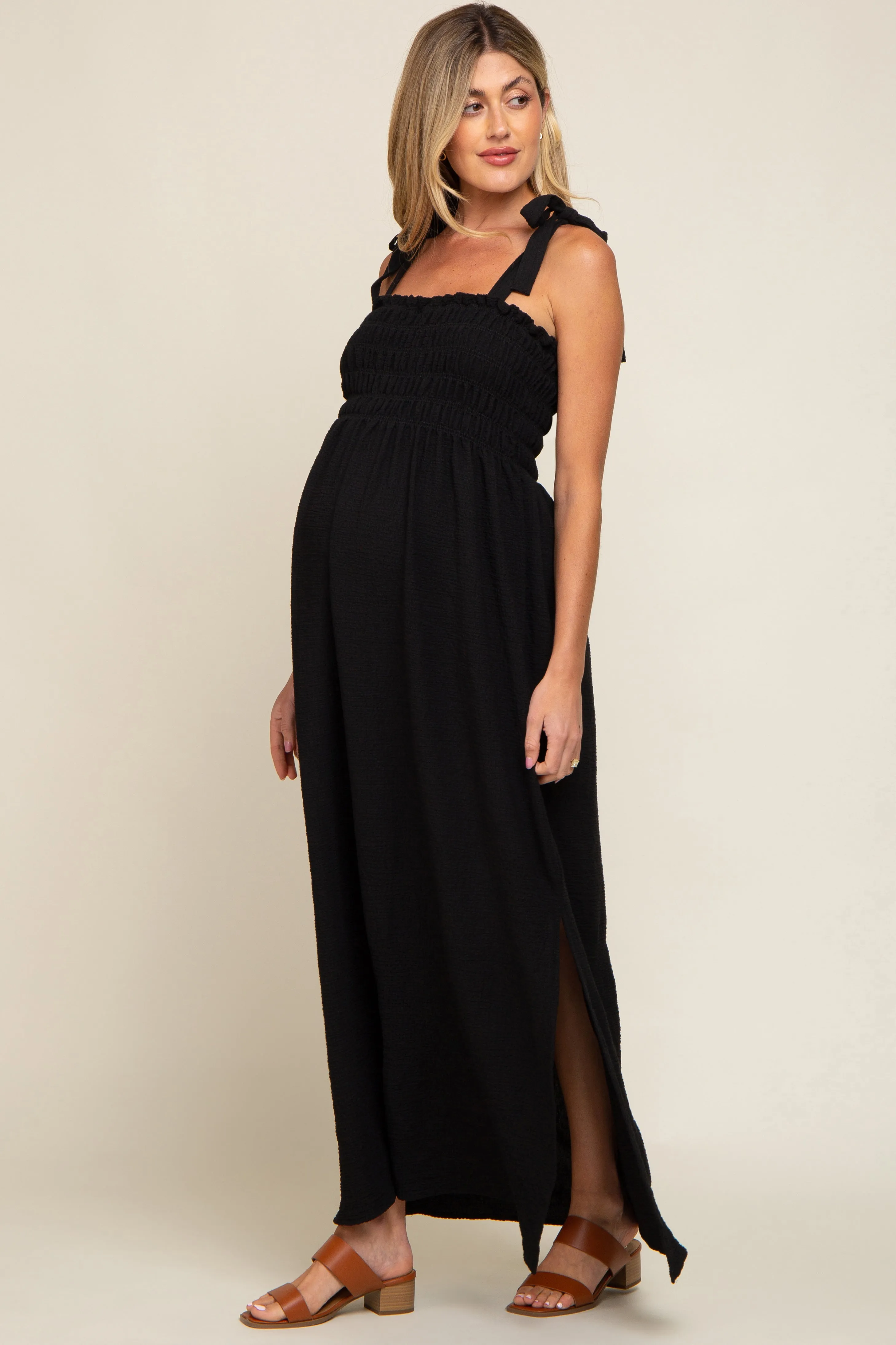Black Textured Smocked Shoulder Tie Maternity Maxi Dress sold by Pinkblush product image thumbnail 3