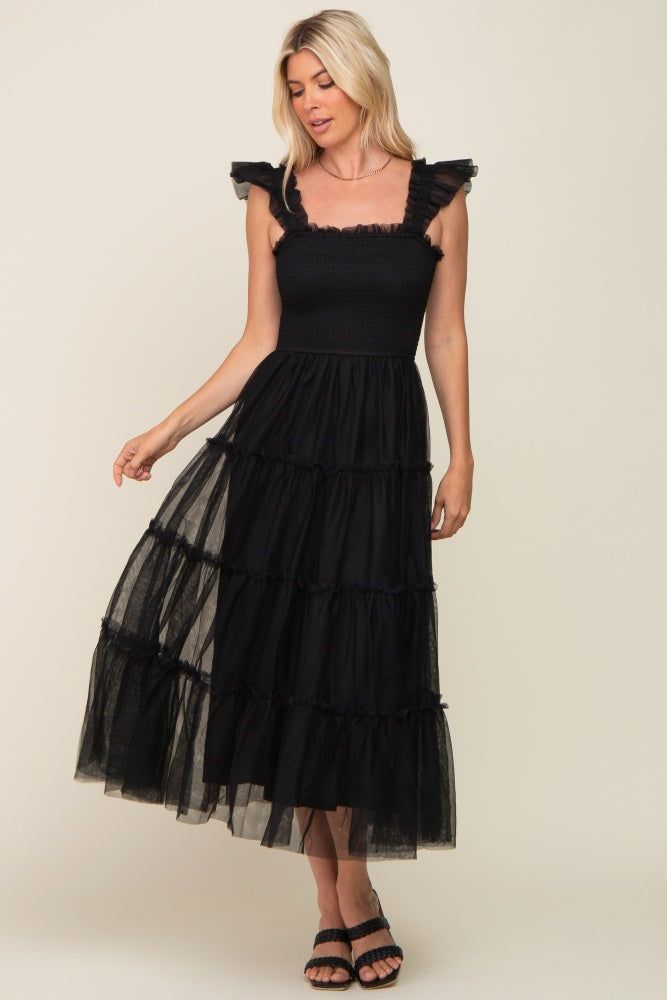 Black Smocked Mesh Ruffle Accent Midi Dress sold by Pinkblush product image thumbnail 4