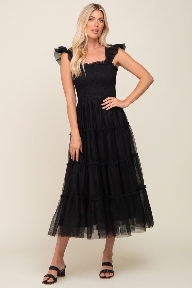 Black Smocked Mesh Ruffle Accent Midi Dress sold by Pinkblush