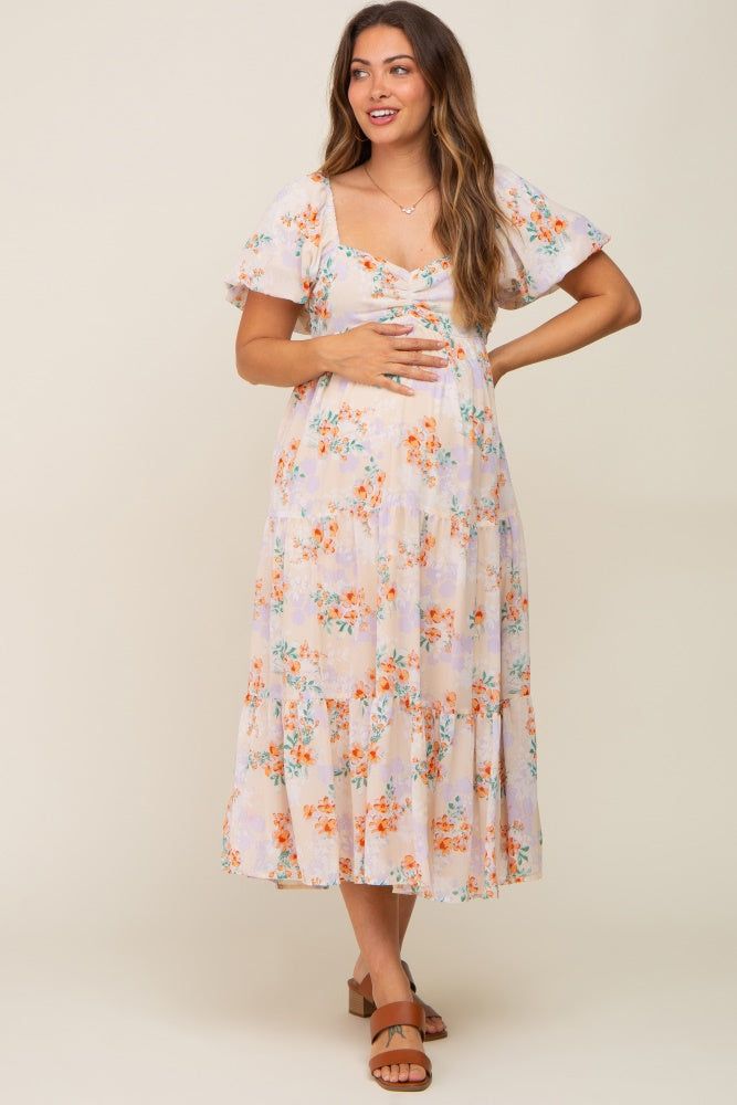 Cream Floral Puff Sleeve Tiered Maternity Midi Dress sold by Pinkblush product image thumbnail 5