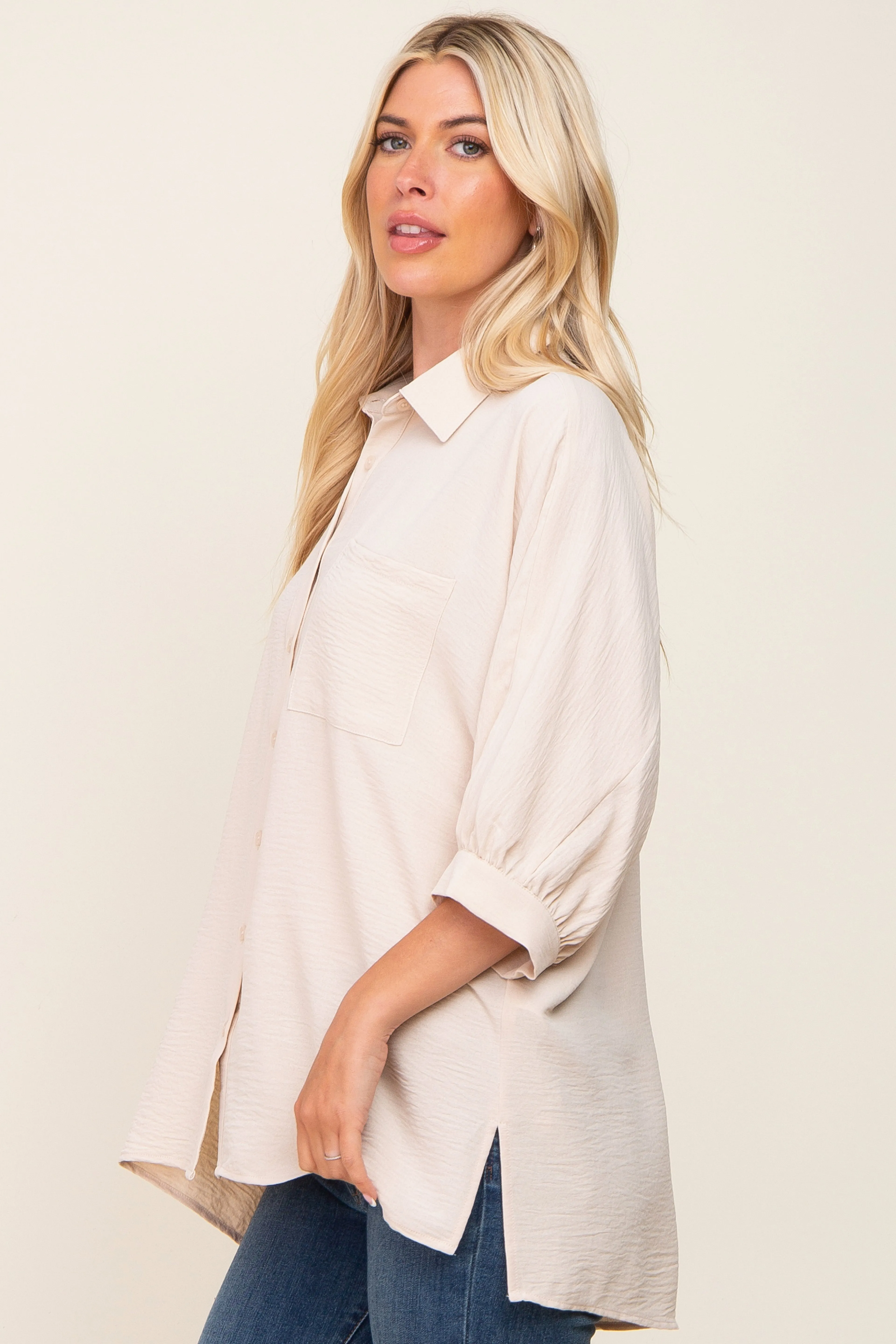Beige Button Down 3/4 Sleeve Top sold by Pinkblush product image thumbnail 2