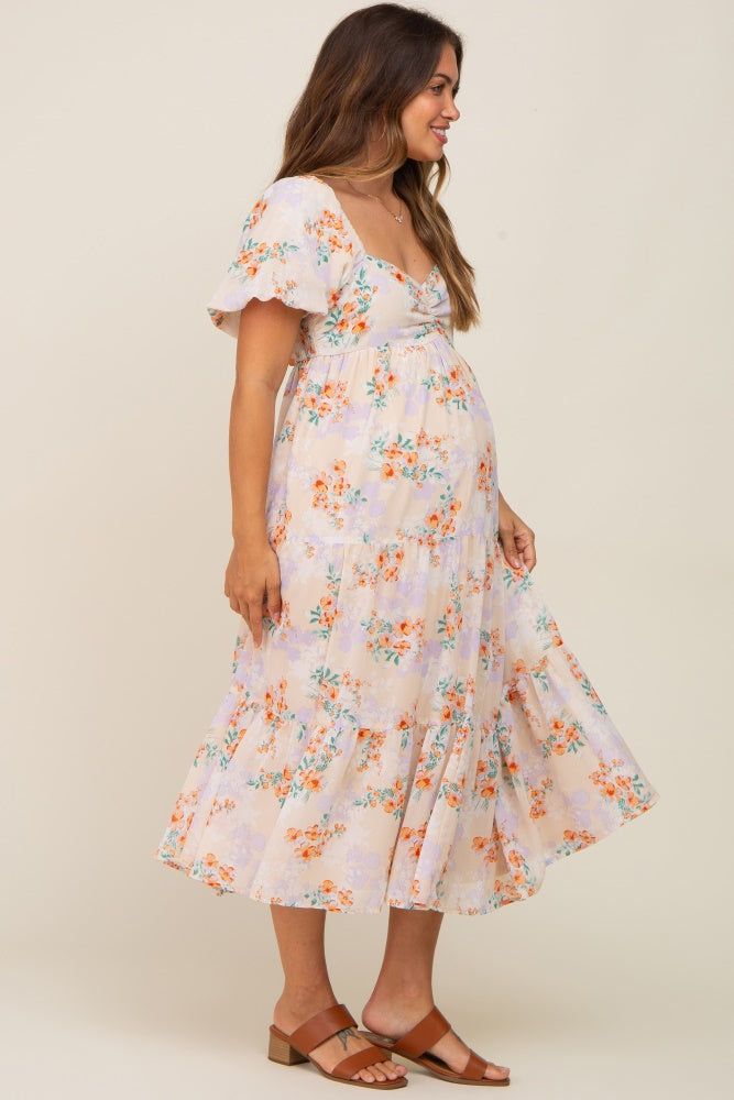 Cream Floral Puff Sleeve Tiered Maternity Midi Dress sold by Pinkblush product image thumbnail 2