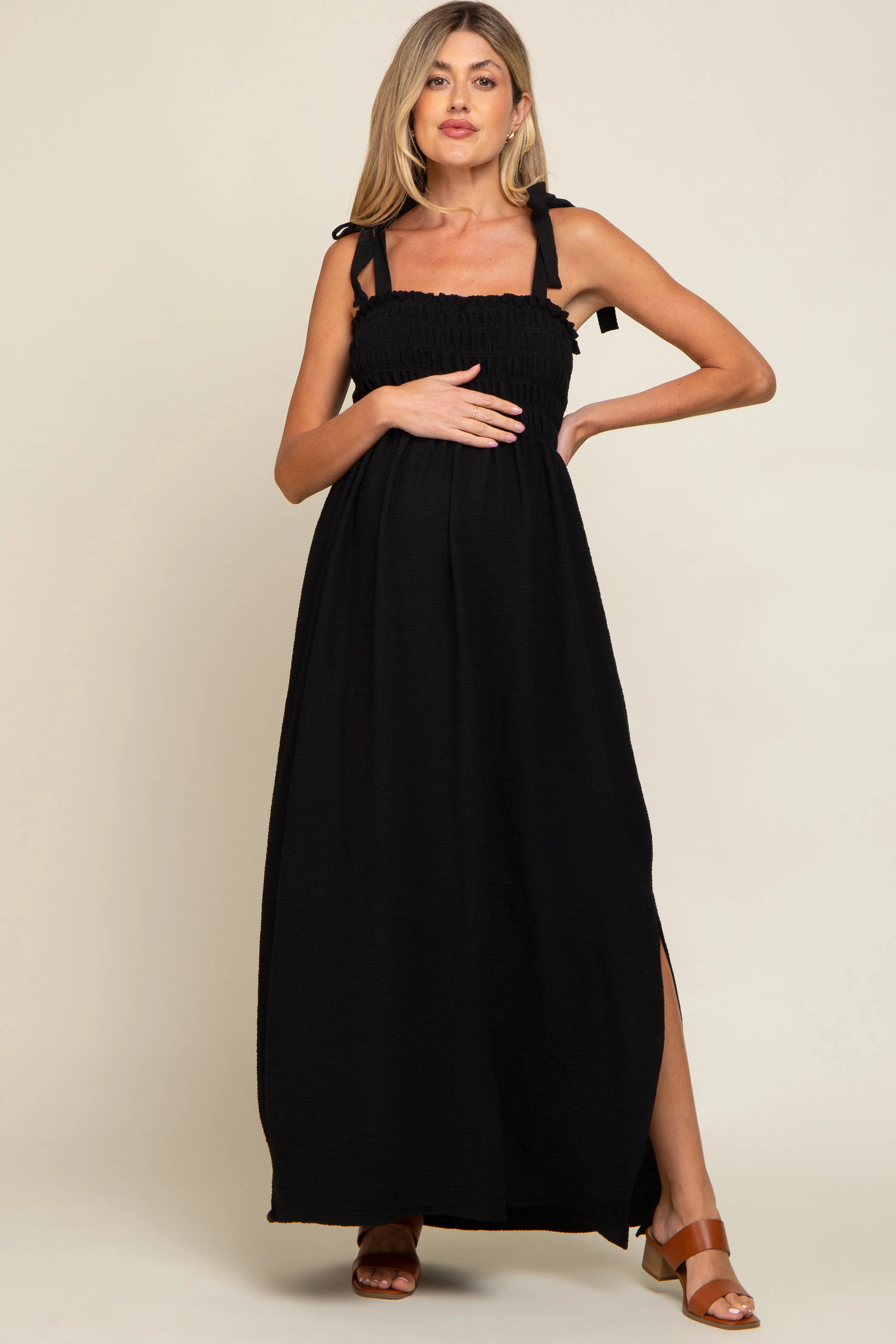 Black Textured Smocked Shoulder Tie Maternity Maxi Dress sold by Pinkblush