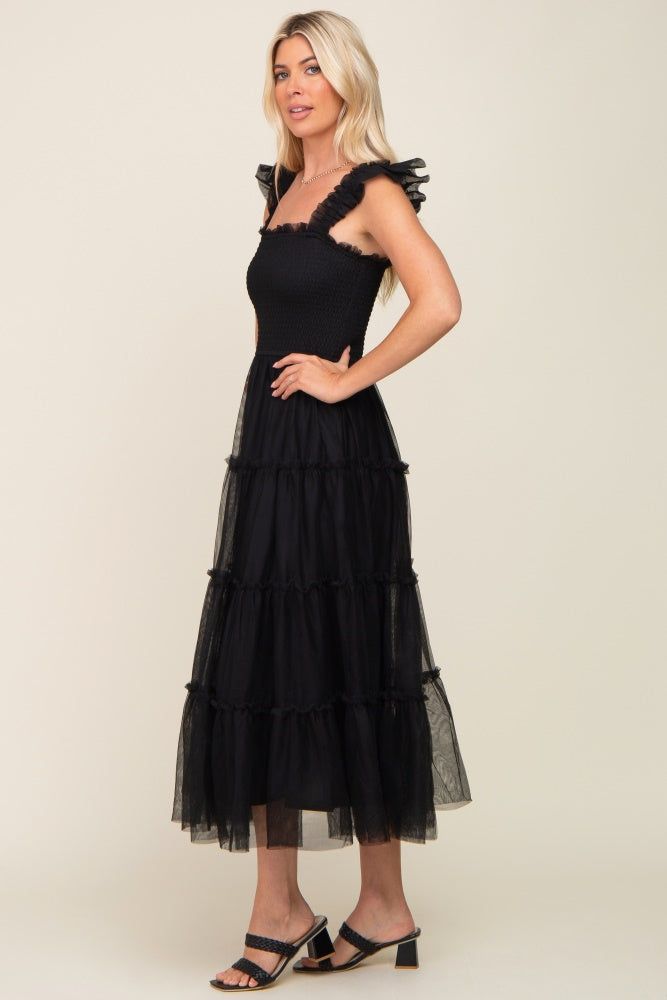 Black Smocked Mesh Ruffle Accent Midi Dress sold by Pinkblush product image thumbnail 2