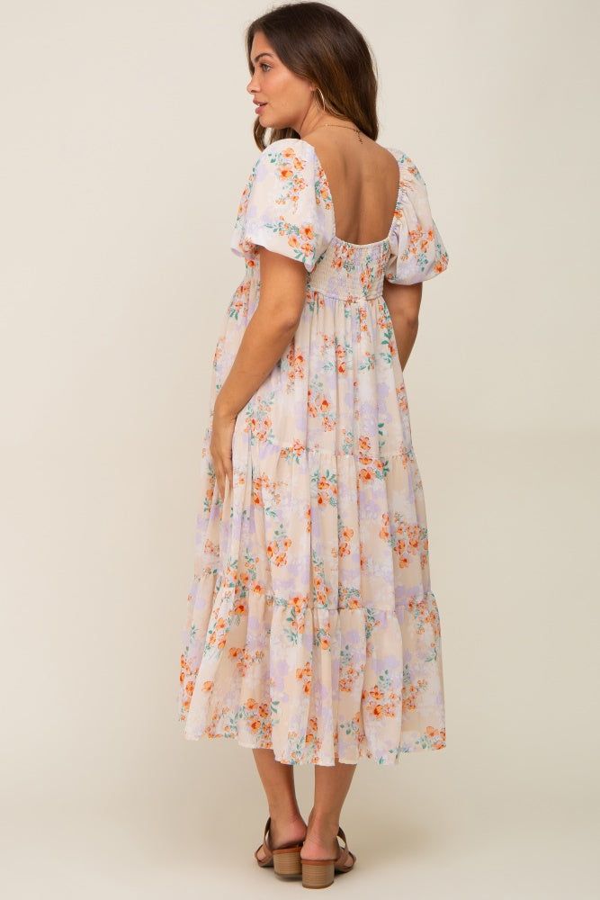 Cream Floral Puff Sleeve Tiered Maternity Midi Dress sold by Pinkblush product image thumbnail 3