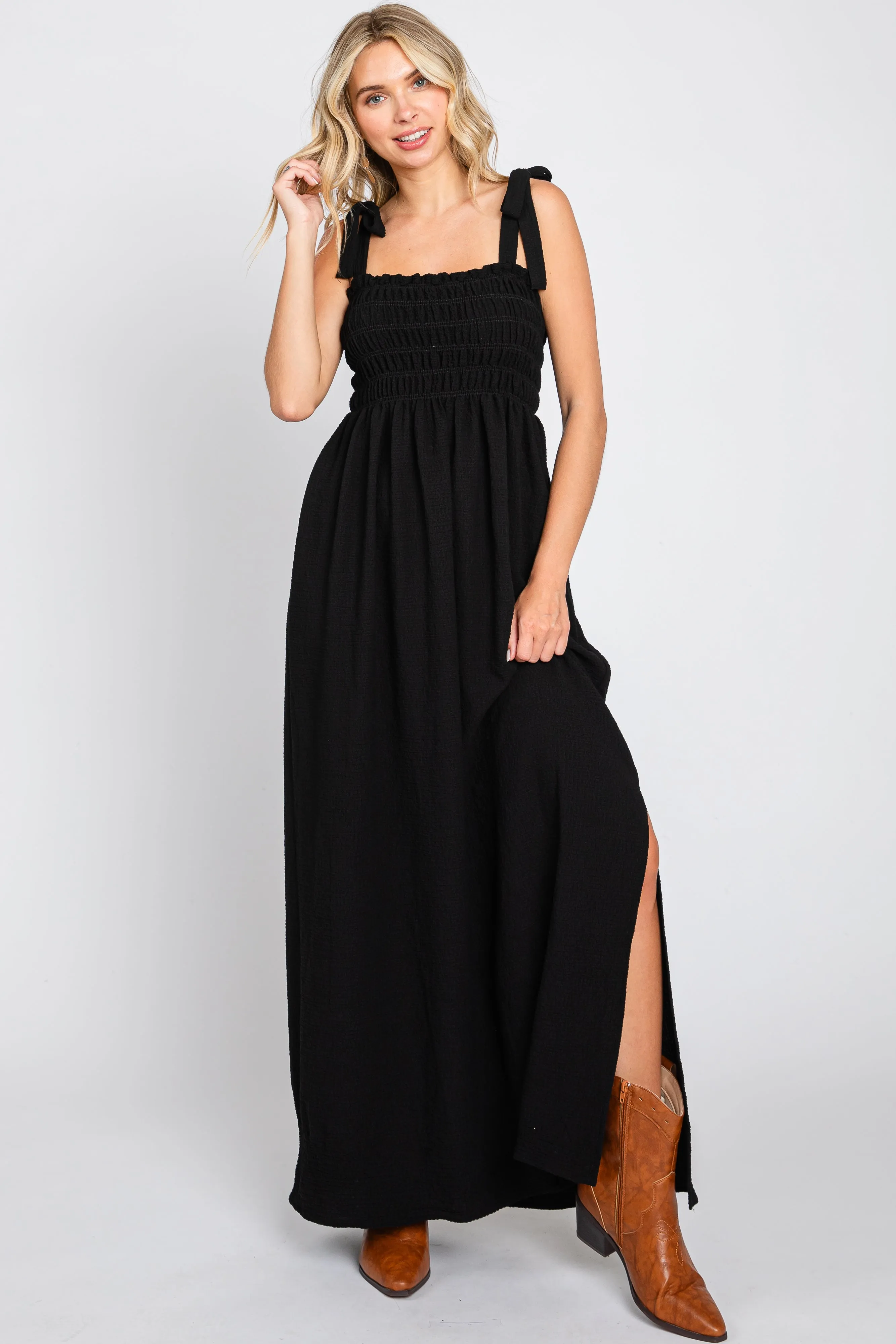 Black Textured Smocked Shoulder Tie Maternity Maxi Dress sold by Pinkblush product image thumbnail 5