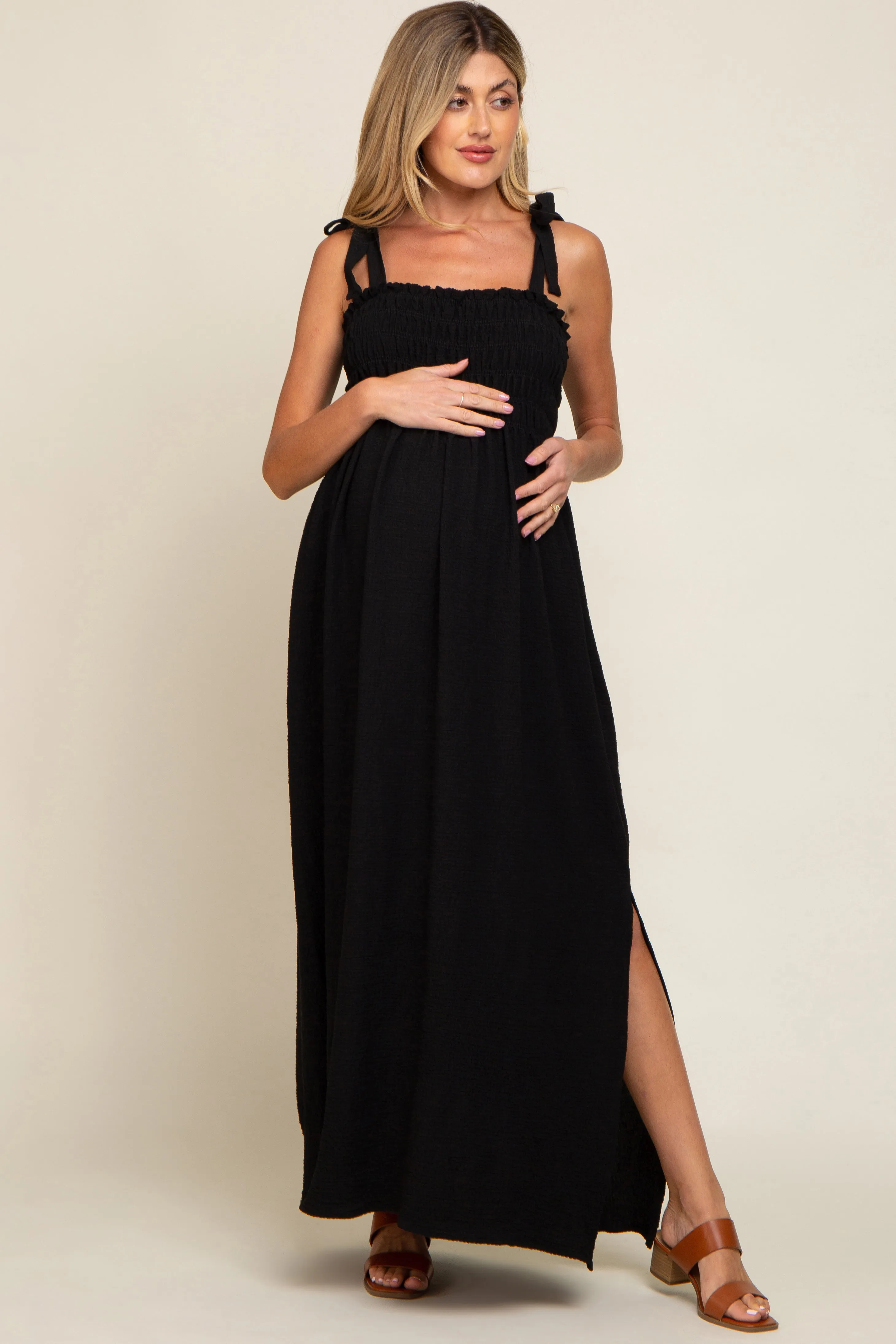 Black Textured Smocked Shoulder Tie Maternity Maxi Dress sold by Pinkblush product image thumbnail 2