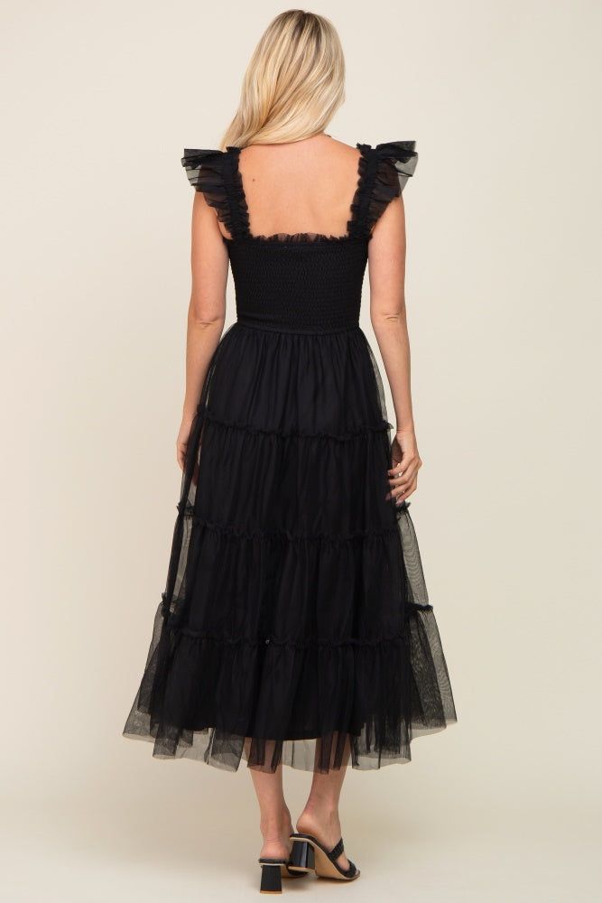Black Smocked Mesh Ruffle Accent Midi Dress sold by Pinkblush product image thumbnail 3
