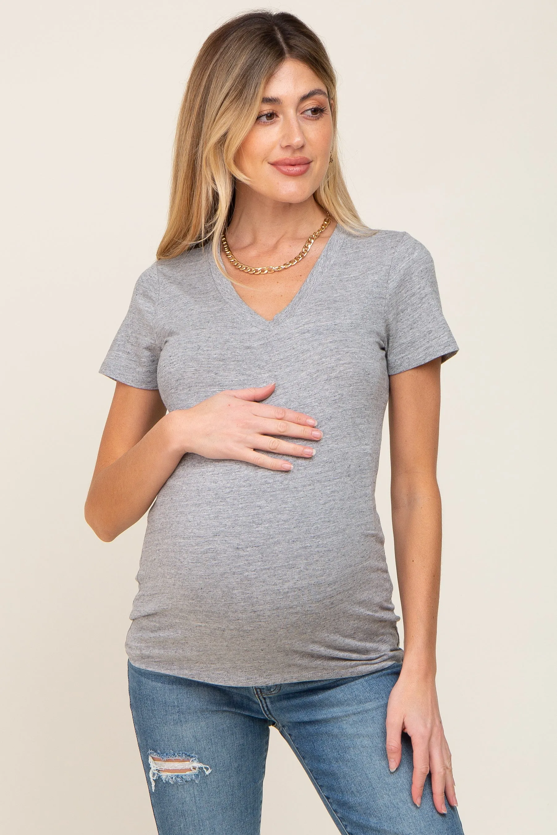 Heather Grey Basic V-Neck Maternity Tee sold by Pinkblush