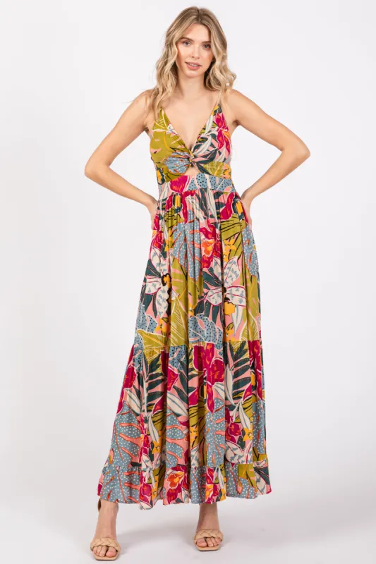 Multi-Color Floral V-Neck Front Knot Tiered Maxi Dress sold by Pinkblush