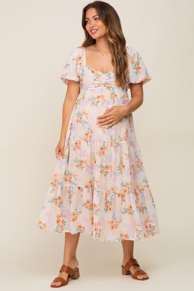 Cream Floral Puff Sleeve Tiered Maternity Midi Dress sold by Pinkblush product image thumbnail 4