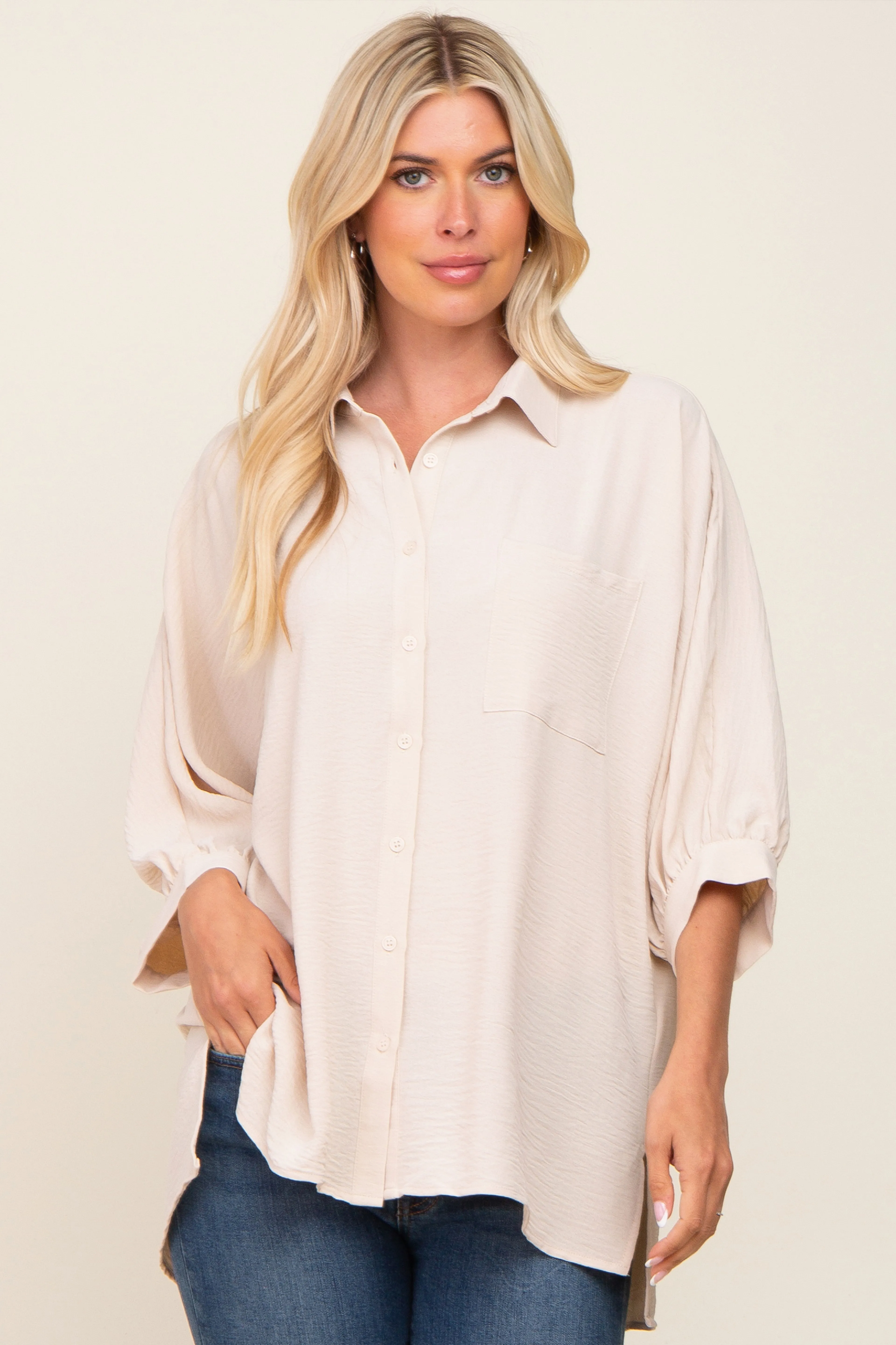 Beige Button Down 3/4 Sleeve Top sold by Pinkblush