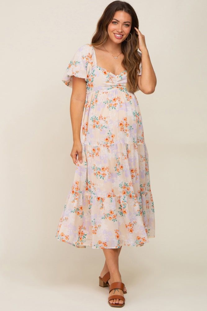 Cream Floral Puff Sleeve Tiered Maternity Midi Dress sold by Pinkblush