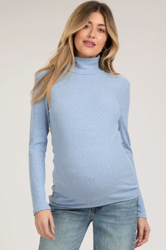Light Blue Heathered Ribbed Mock Neck Long Sleeve Maternity Top sold by Pinkblush