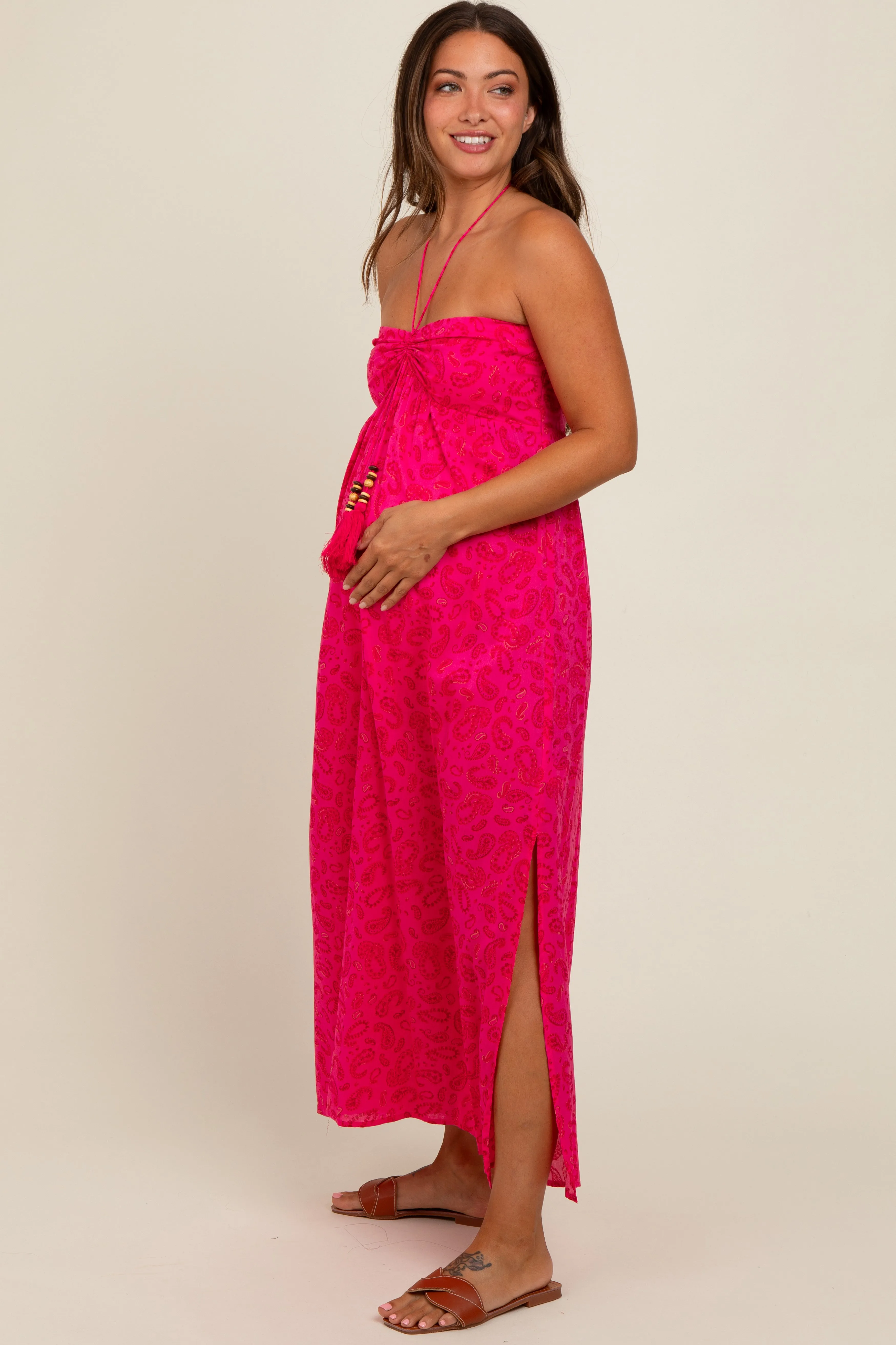 Fuchsia Paisley Print Halter Maternity Midi Dress sold by Pinkblush product image thumbnail 3
