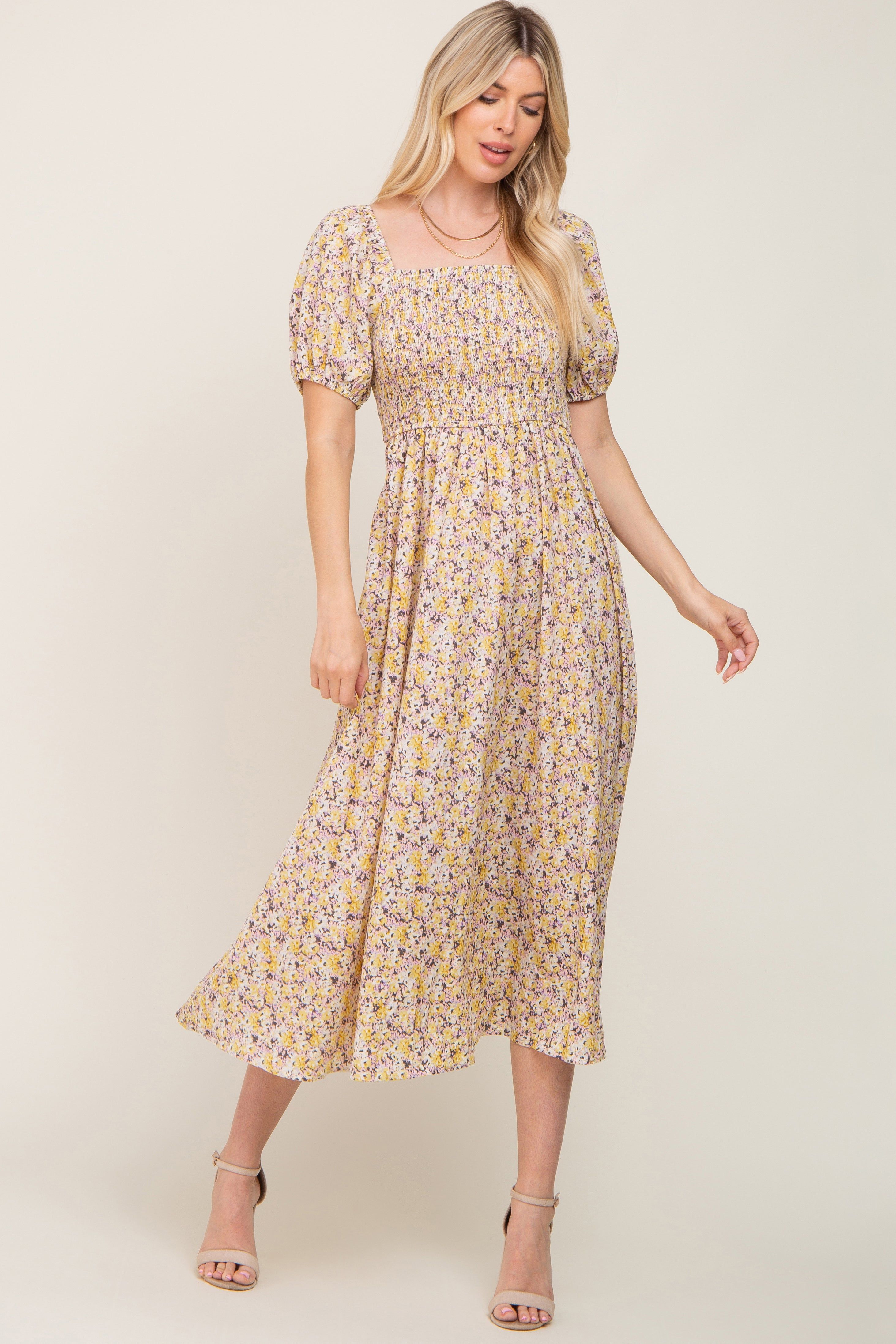 Yellow Abstract Floral Smocked Midi Dress sold by Pinkblush