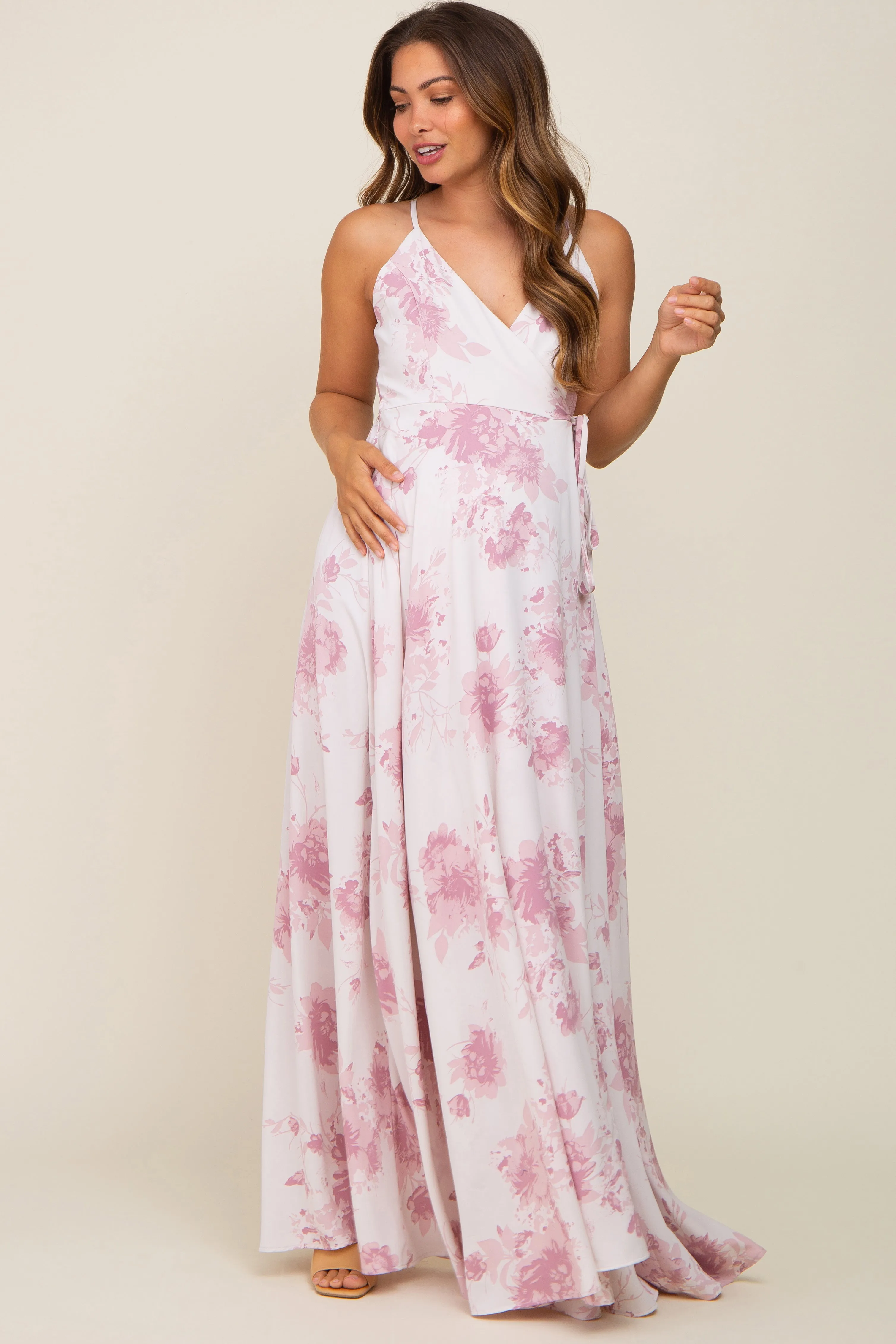 Mauve Floral Wrap Maternity Maxi Dress sold by Pinkblush product image thumbnail 2