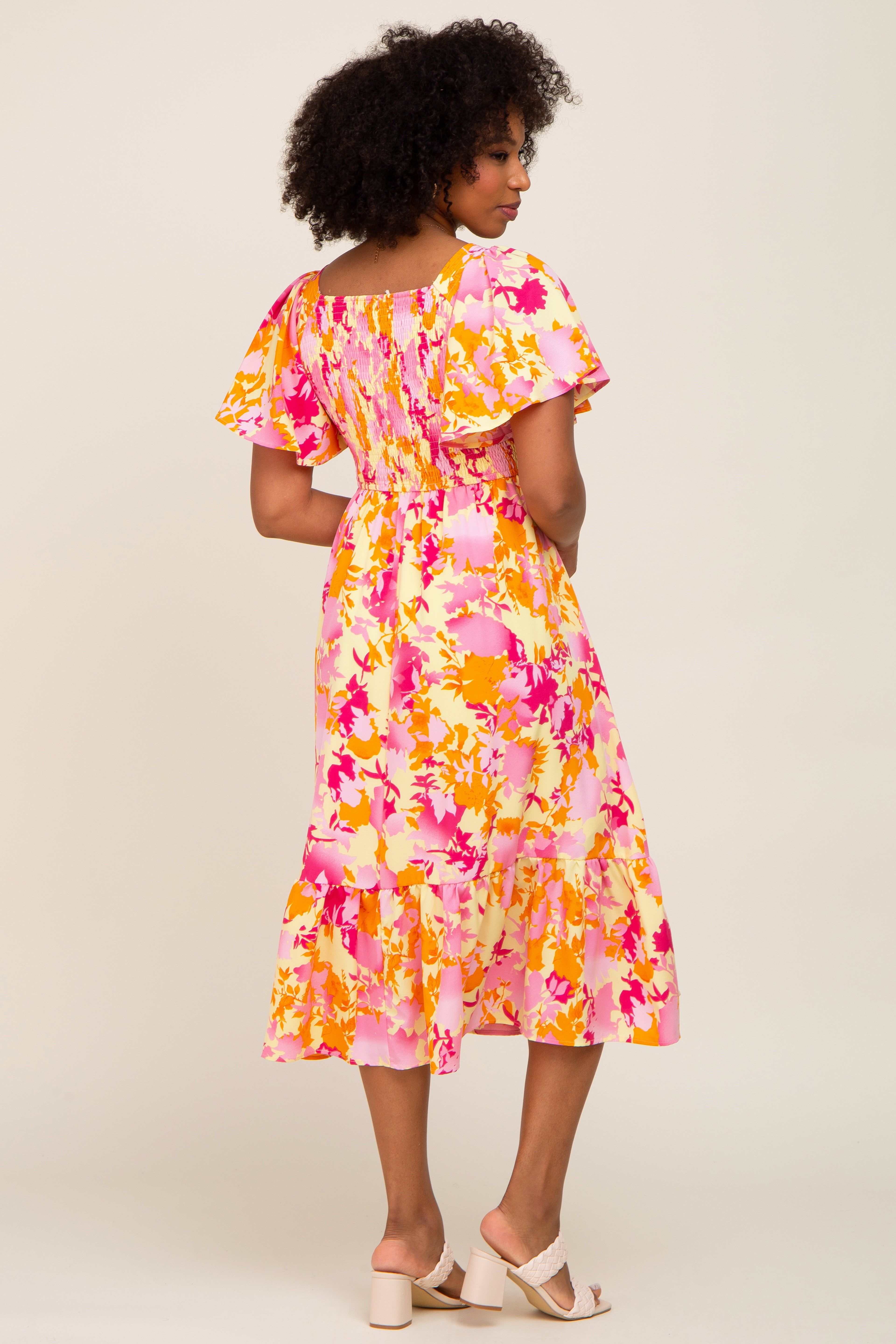 Yellow Print Smocked V-Neck Midi Dress sold by Pinkblush product image thumbnail 3