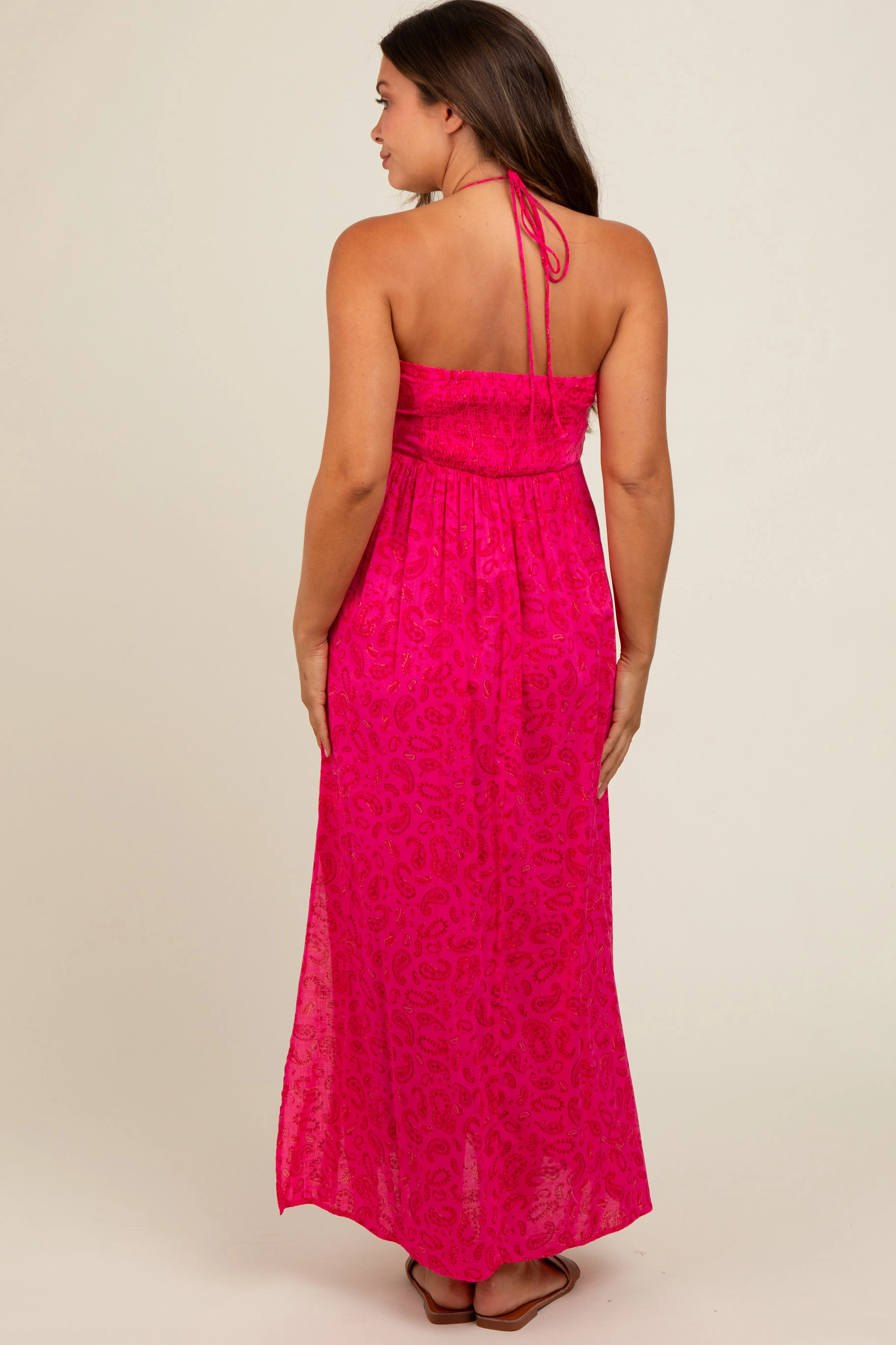 Fuchsia Paisley Print Halter Maternity Midi Dress sold by Pinkblush product image thumbnail 4