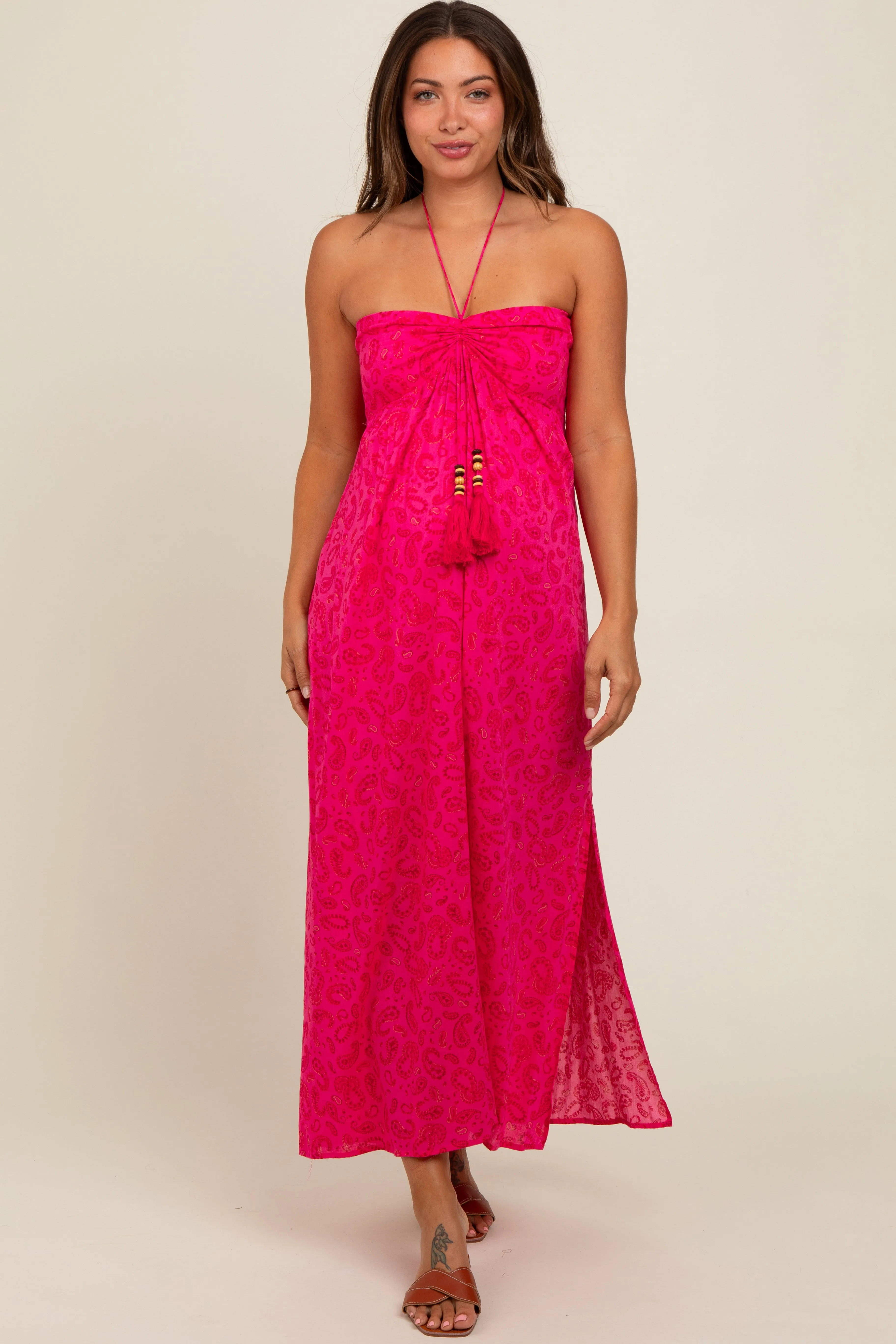 Fuchsia Paisley Print Halter Maternity Midi Dress sold by Pinkblush
