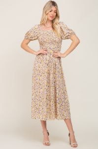 Yellow Abstract Floral Smocked Midi Dress sold by Pinkblush