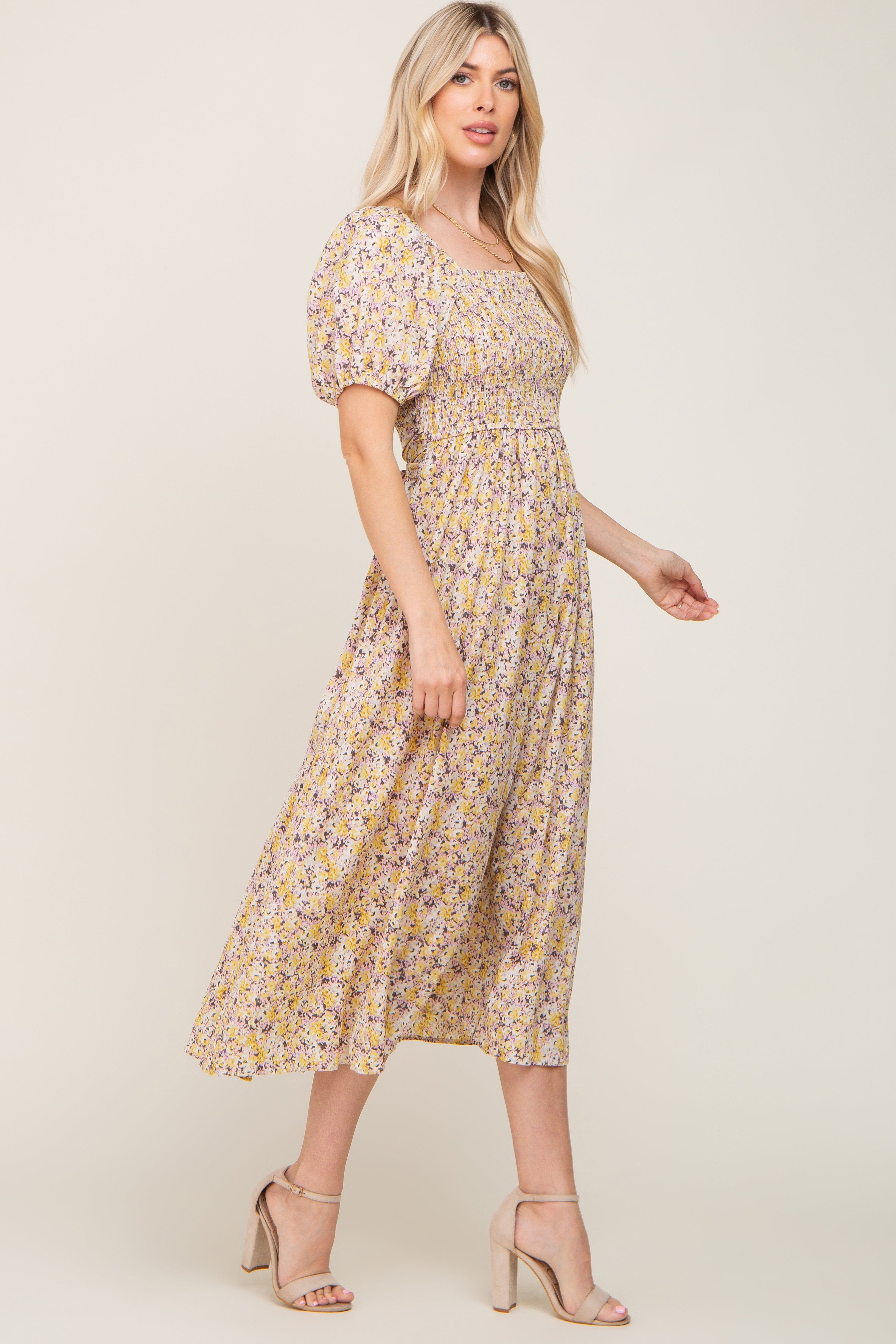 Yellow Abstract Floral Smocked Midi Dress sold by Pinkblush product image thumbnail 2