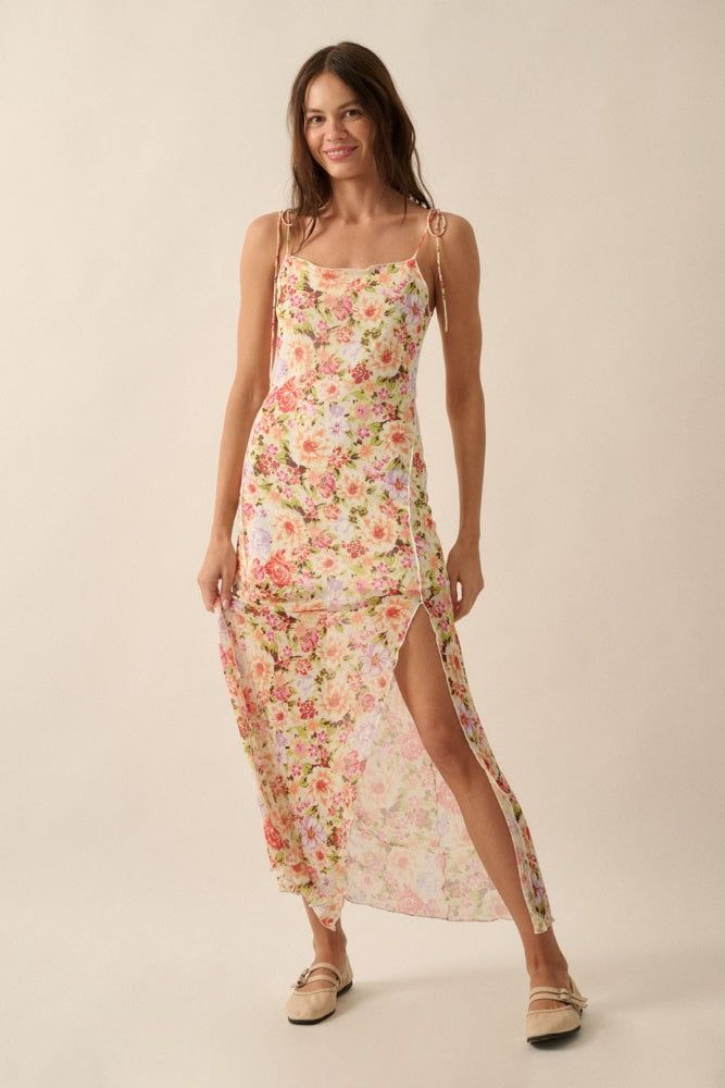 Cream Floral Mesh Midi Slip Dress sold by Pinkblush