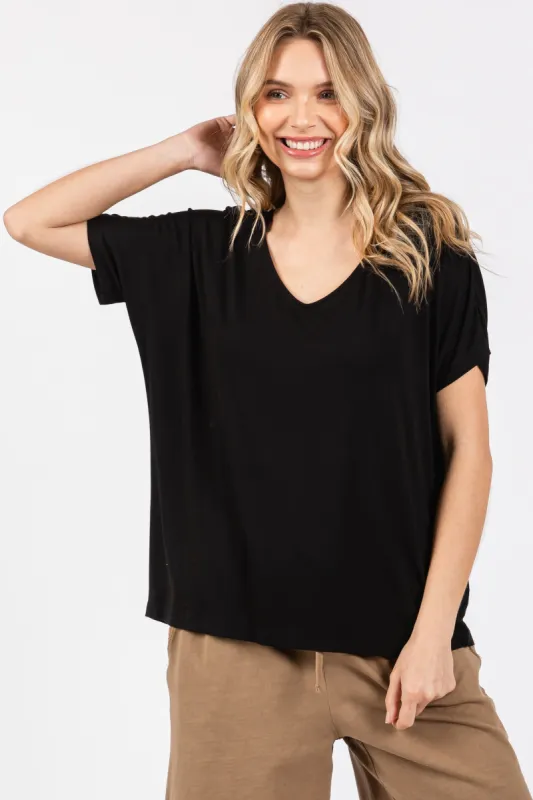 Black Short Dolman Sleeve V-Neck Top sold by Pinkblush