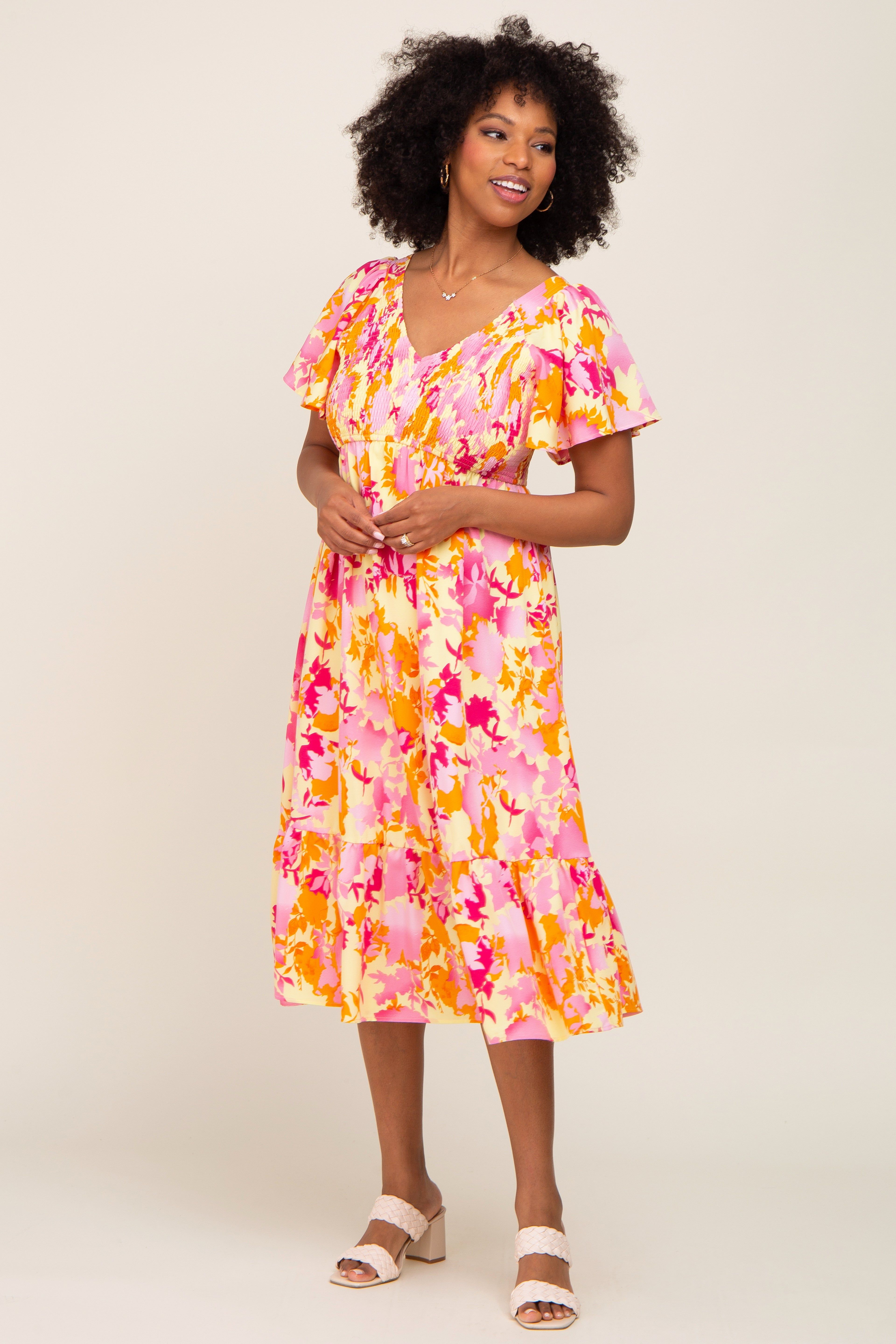Yellow Print Smocked V-Neck Midi Dress sold by Pinkblush product image thumbnail 4