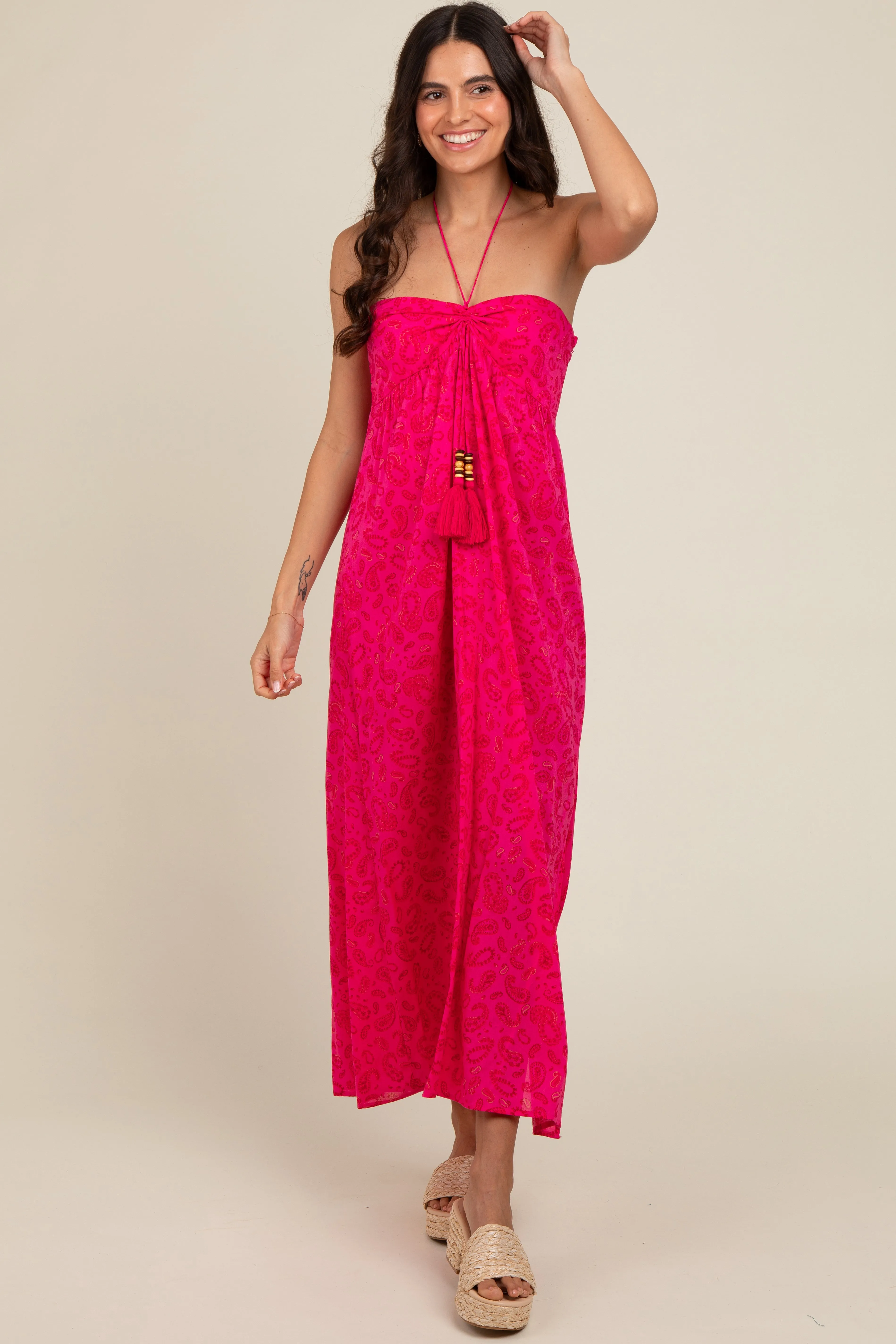 Fuchsia Paisley Print Halter Maternity Midi Dress sold by Pinkblush product image thumbnail 5