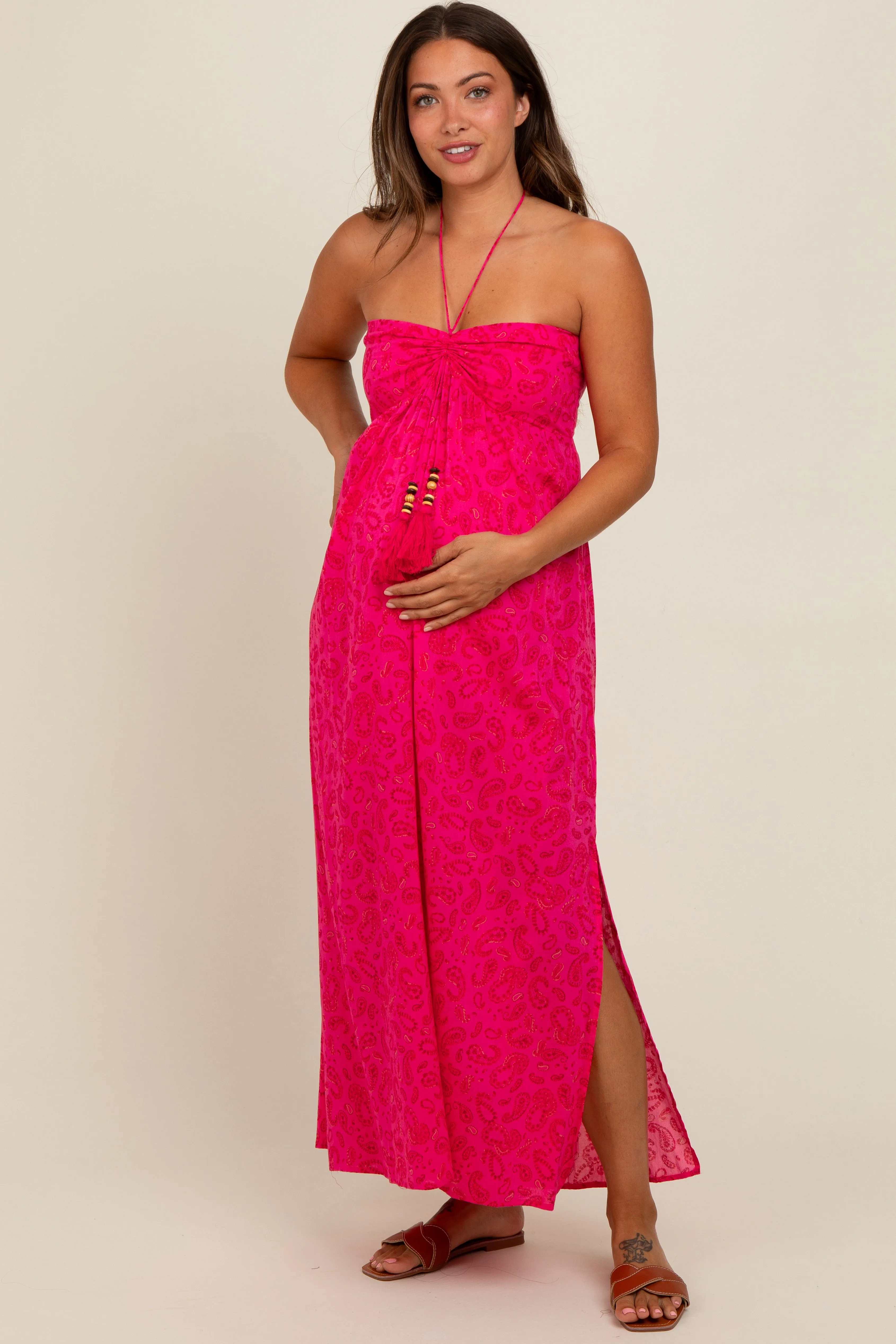 Fuchsia Paisley Print Halter Maternity Midi Dress sold by Pinkblush product image thumbnail 2