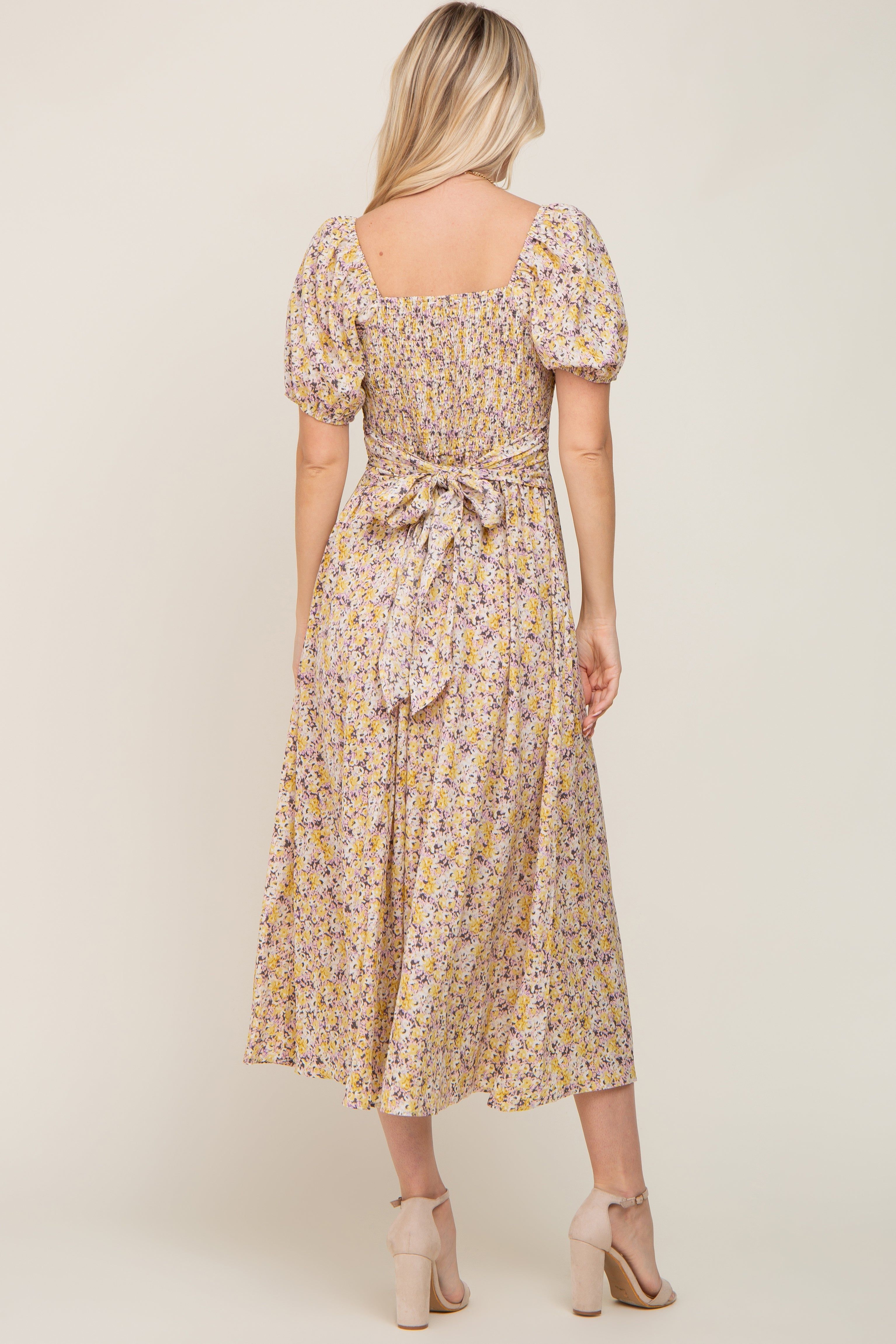 Yellow Abstract Floral Smocked Midi Dress sold by Pinkblush product image thumbnail 3