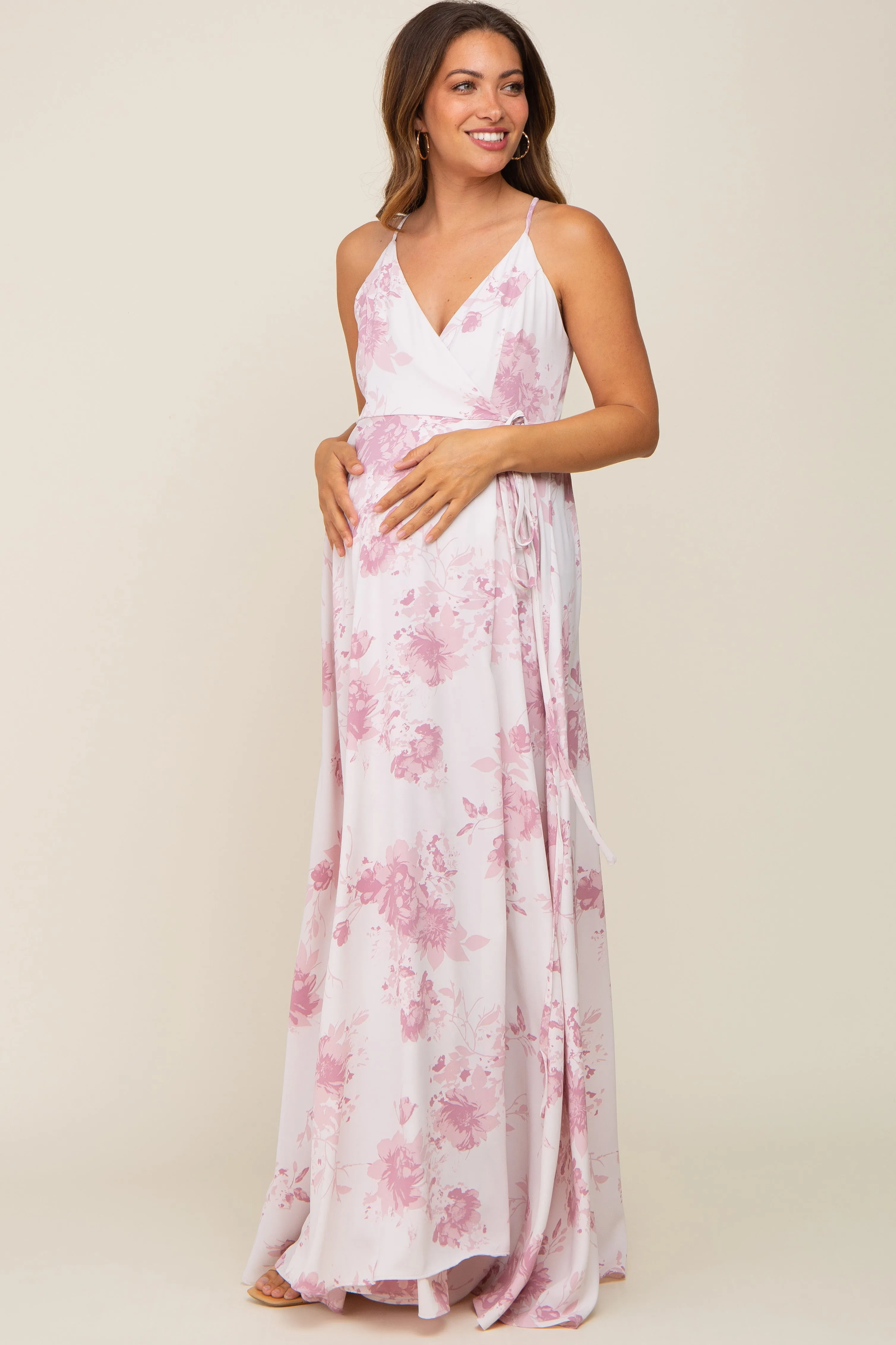 Mauve Floral Wrap Maternity Maxi Dress sold by Pinkblush product image thumbnail 3