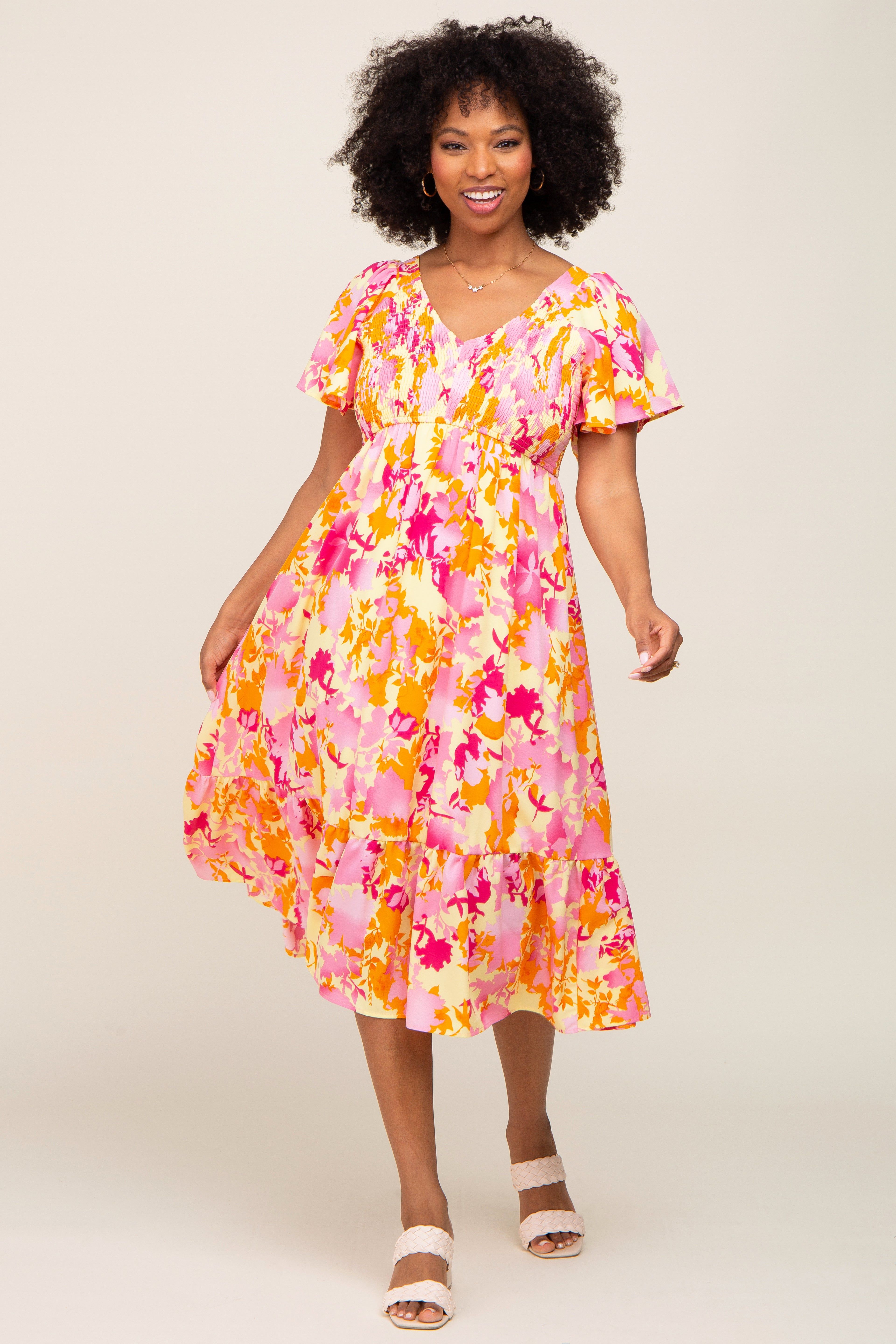 Yellow Print Smocked V-Neck Midi Dress sold by Pinkblush product image thumbnail 5