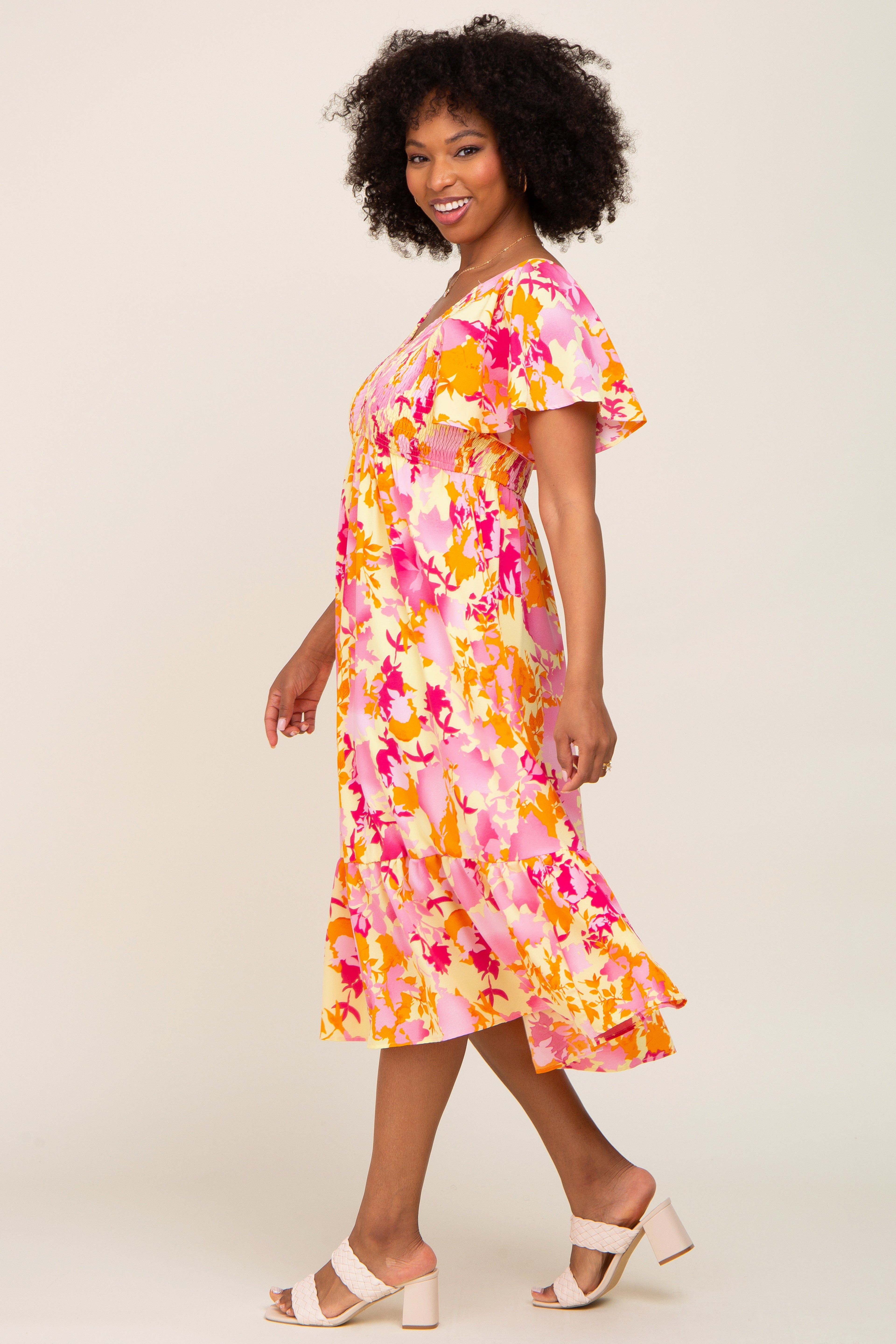 Yellow Print Smocked V-Neck Midi Dress sold by Pinkblush product image thumbnail 2