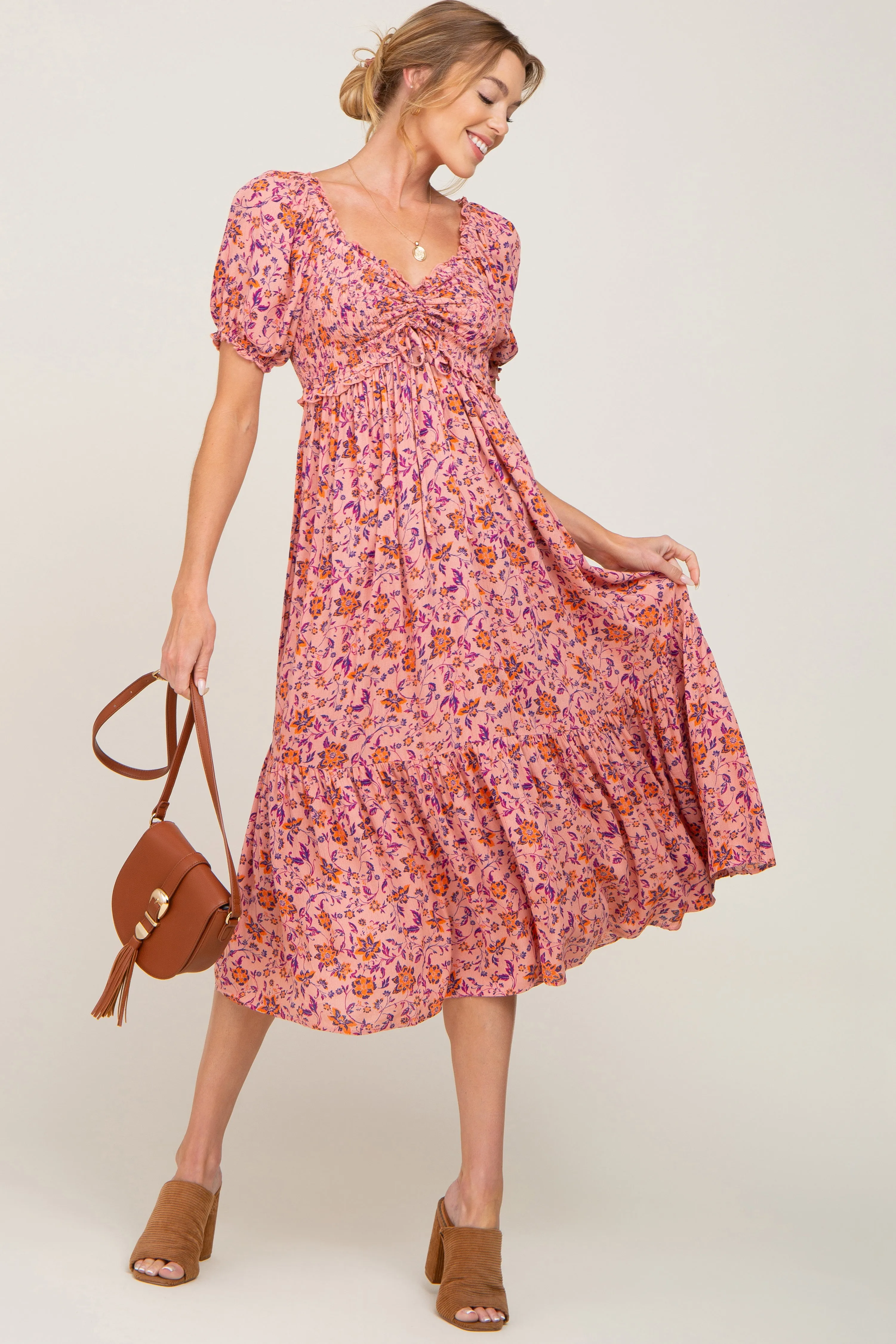 Pink Floral Smocked Midi Dress sold by Pinkblush