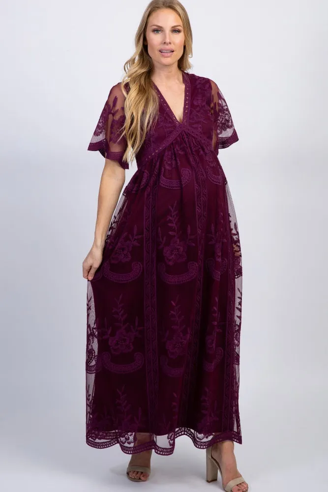 PinkBlush Deep Burgundy Lace Mesh Overlay Maternity Maxi Dress sold by Pinkblush