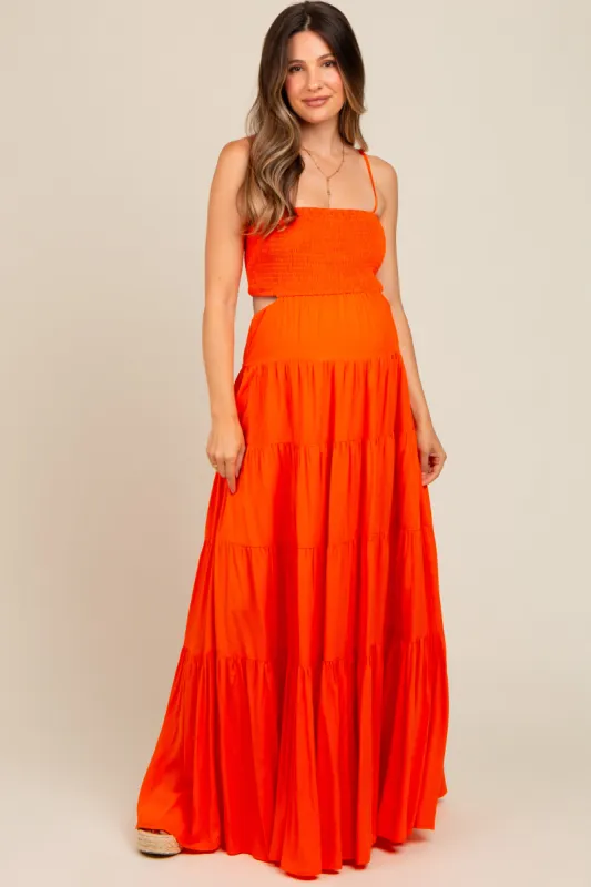 Orange Smocked Cutout Maternity Maxi Dress sold by Pinkblush