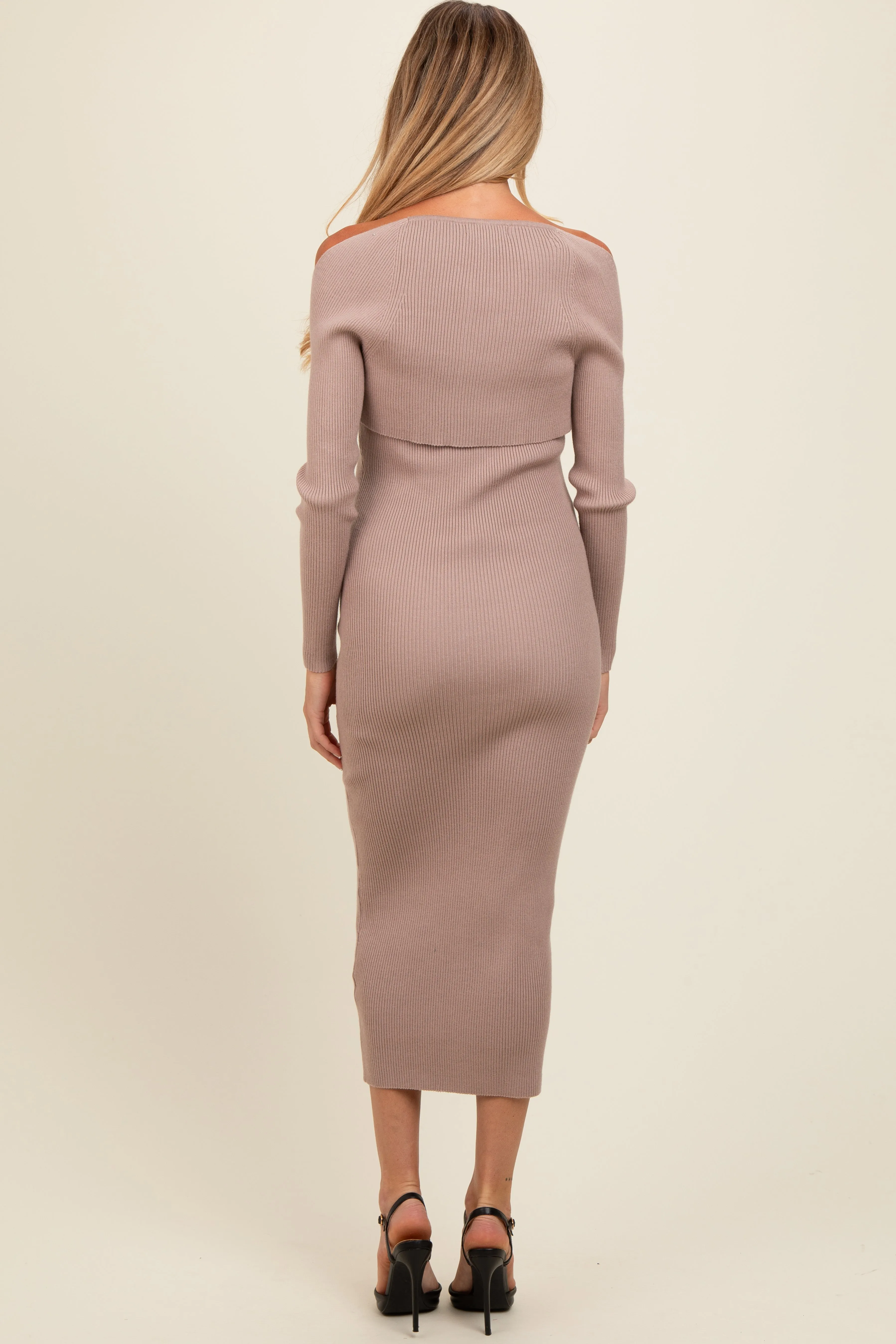 Taupe Knit Shrug Fitted Maternity Midi Dress sold by Pinkblush product image thumbnail 3
