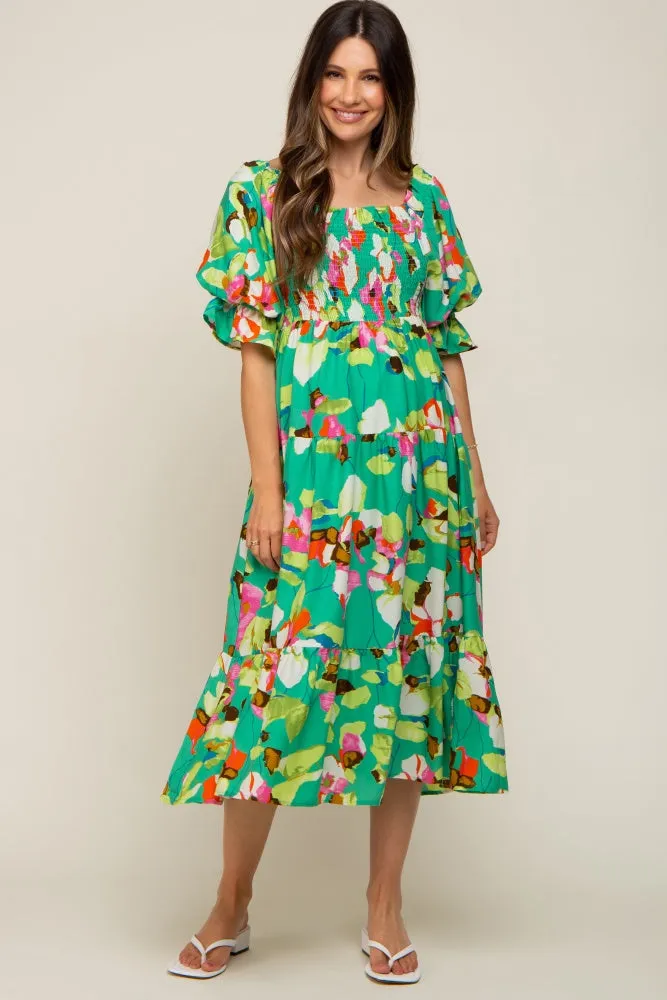 Green Floral Puff Sleeve Maternity Midi Dress sold by Pinkblush