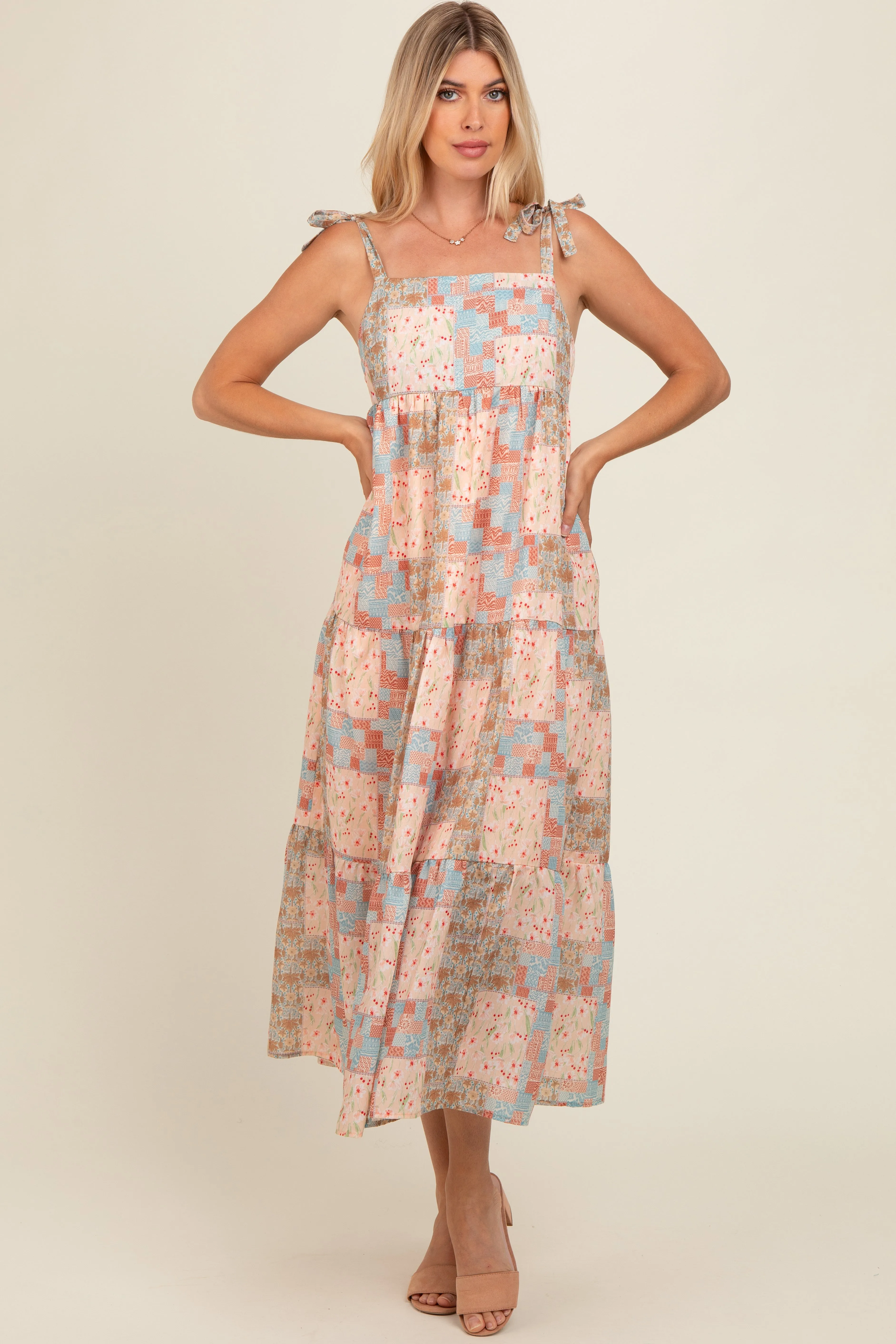 Peach Patchwork Print Shoulder Tie Tiered Midi Dress sold by Pinkblush product image thumbnail 2
