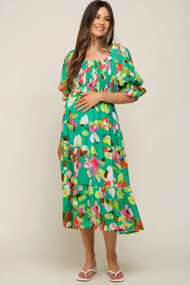 Green Floral Puff Sleeve Maternity Midi Dress sold by Pinkblush product image thumbnail 2