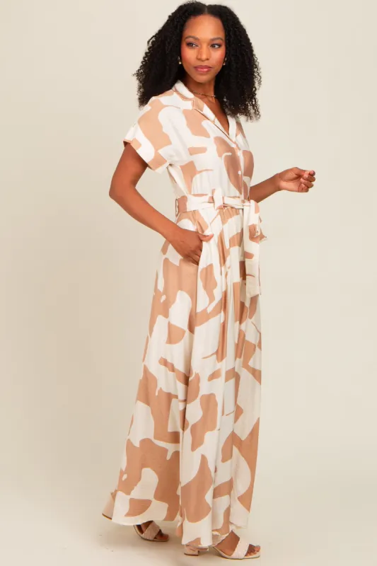 Taupe Printed Sash Tie Button Down Maxi Dress sold by Pinkblush