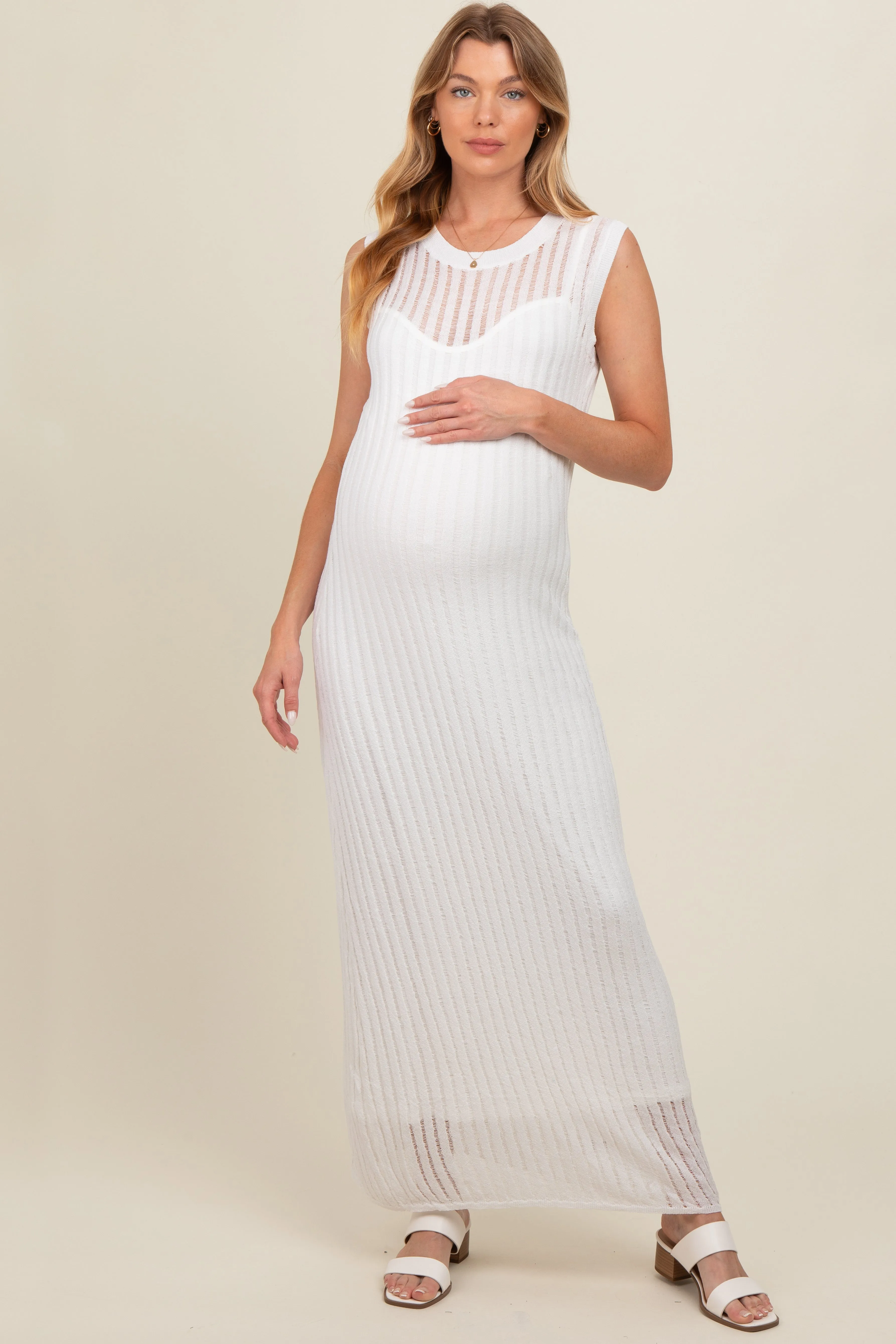 White Sheer Knit Layered Maternity Maxi Dress sold by Pinkblush