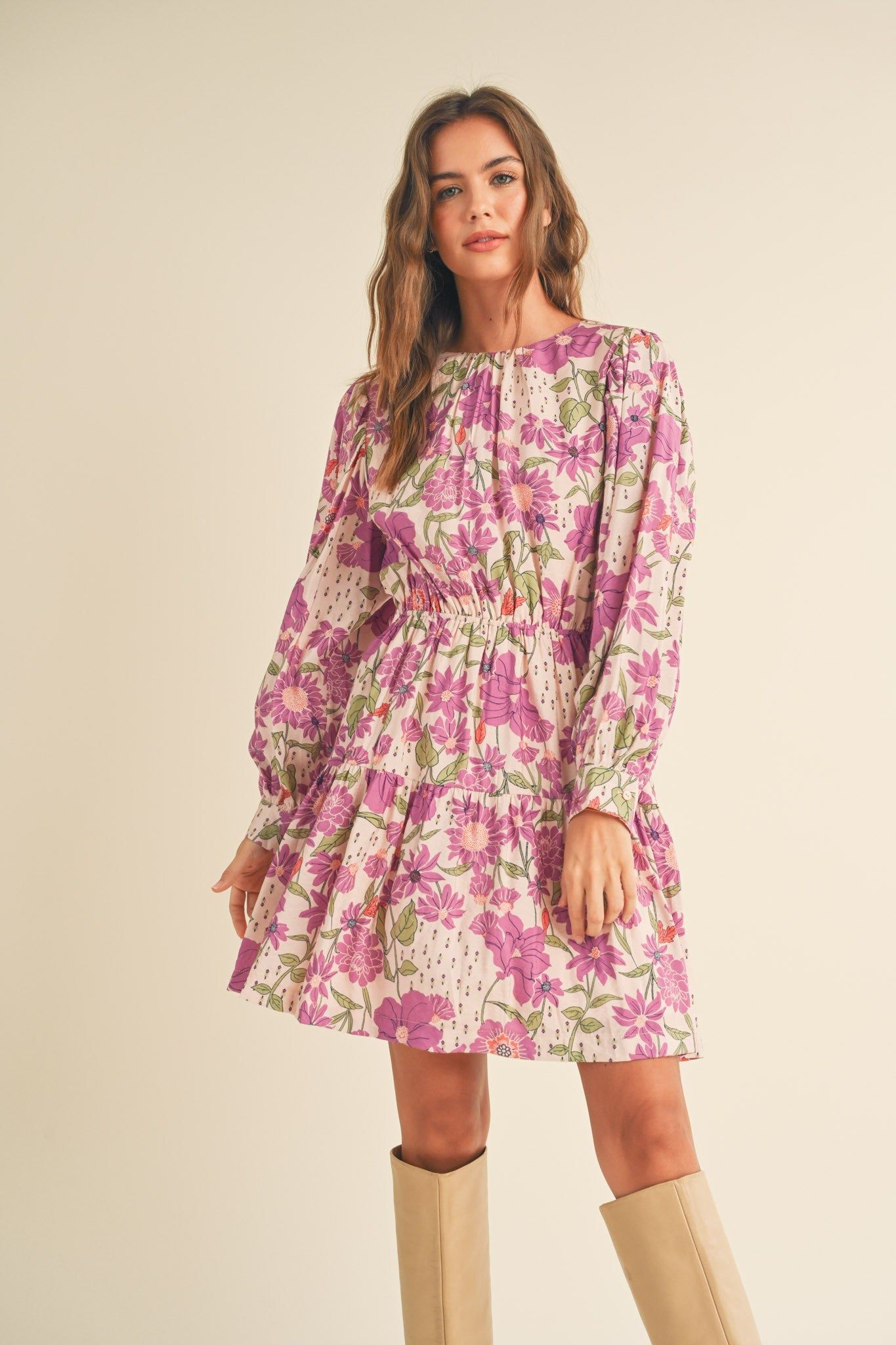 Lilac Multi Floral Border Print Flared Mini Dress sold by Pinkblush