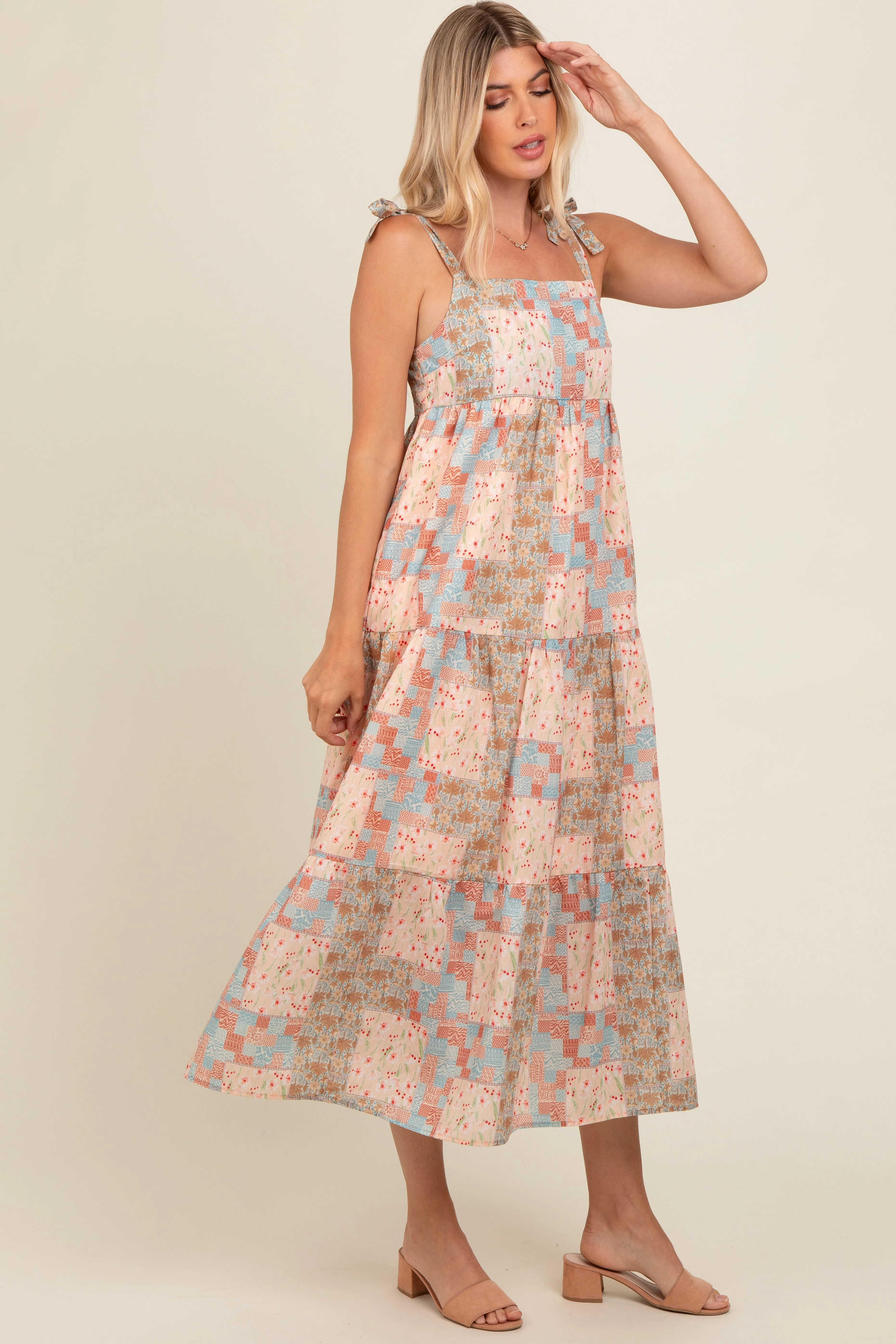 Peach Patchwork Print Shoulder Tie Tiered Midi Dress sold by Pinkblush product image thumbnail 3